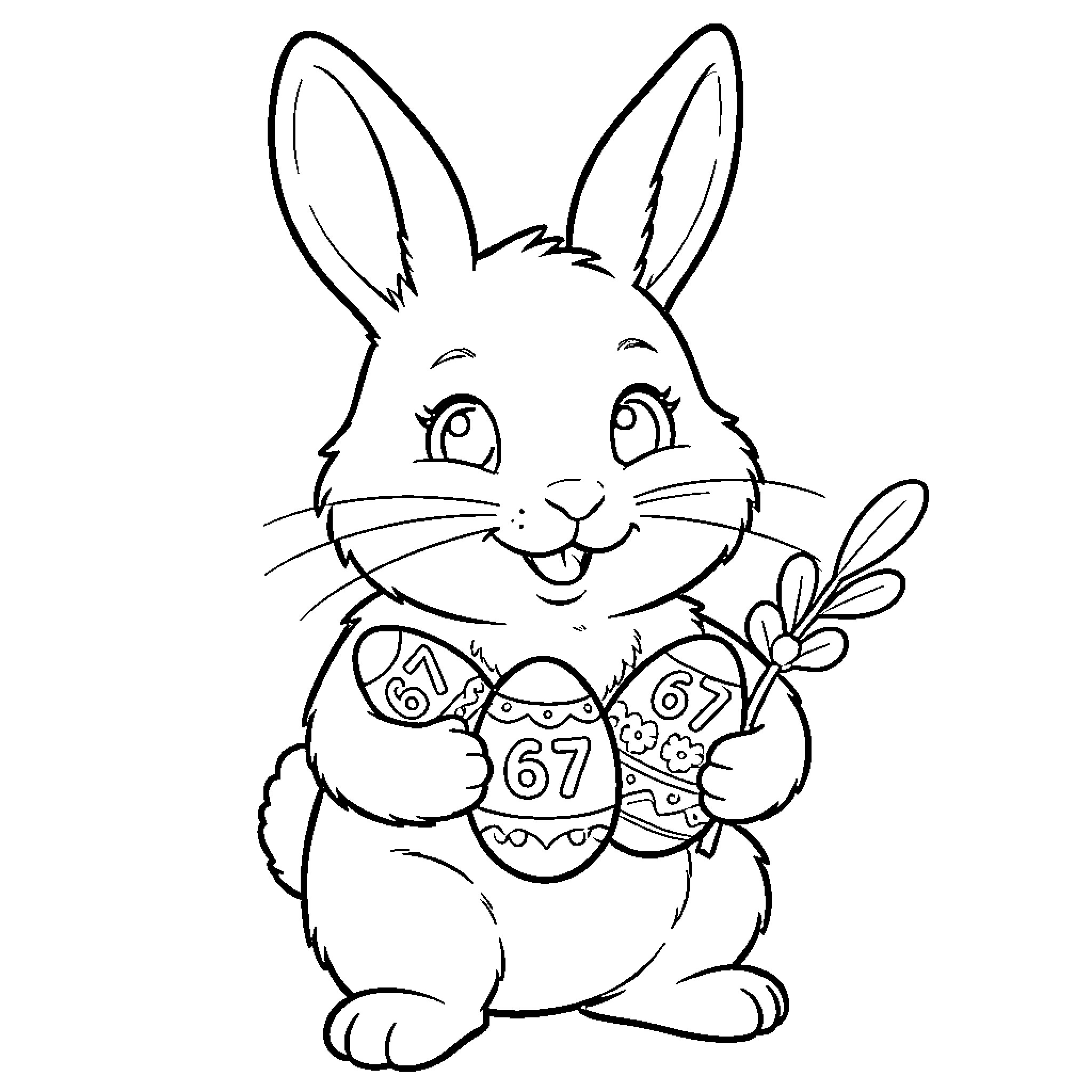 Bunny holding decorated Easter eggs Coloring Page (free black-and-white line drawing printable PDF for all, from beginners to advanced learners, including children, teens, adults, and seniors)