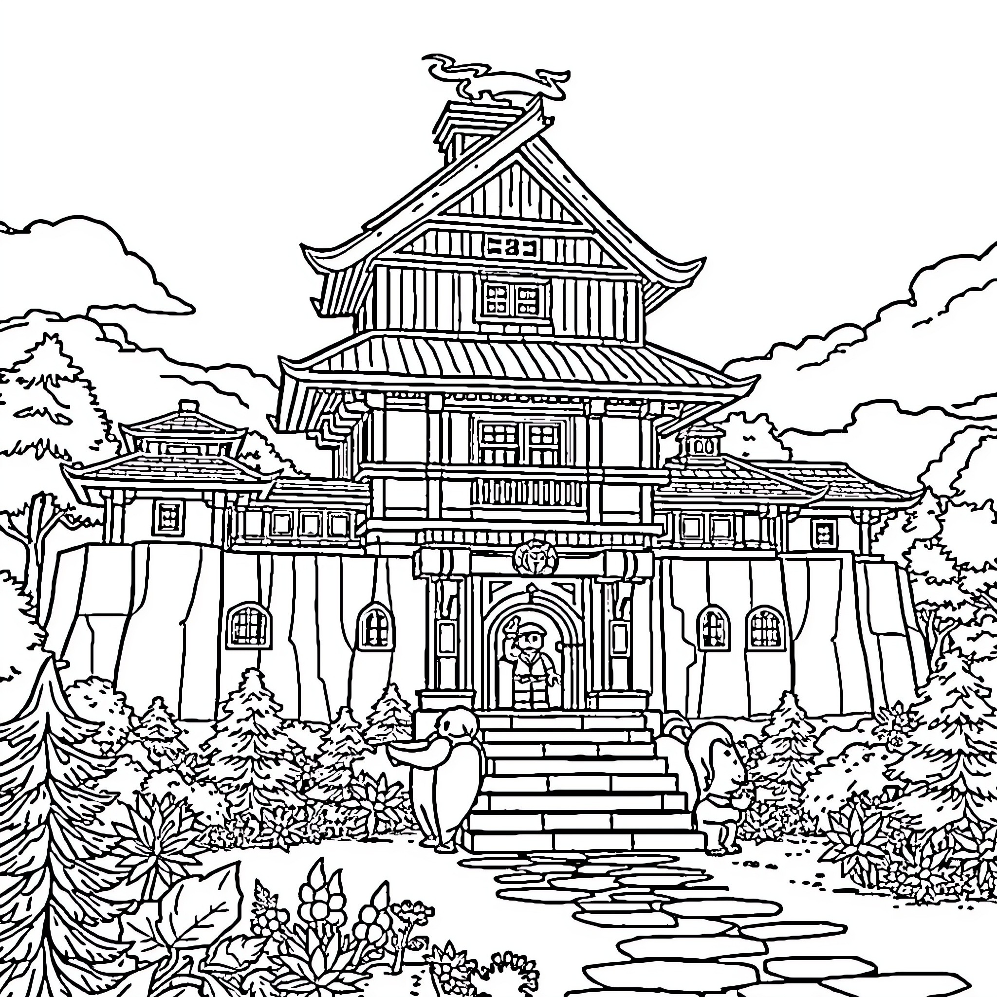 Ninjago characters in traditional Japanese palace setting Coloring Page (free black-and-white line drawing printable PDF for all, from beginners to advanced learners, including children, teens, adults, and seniors)