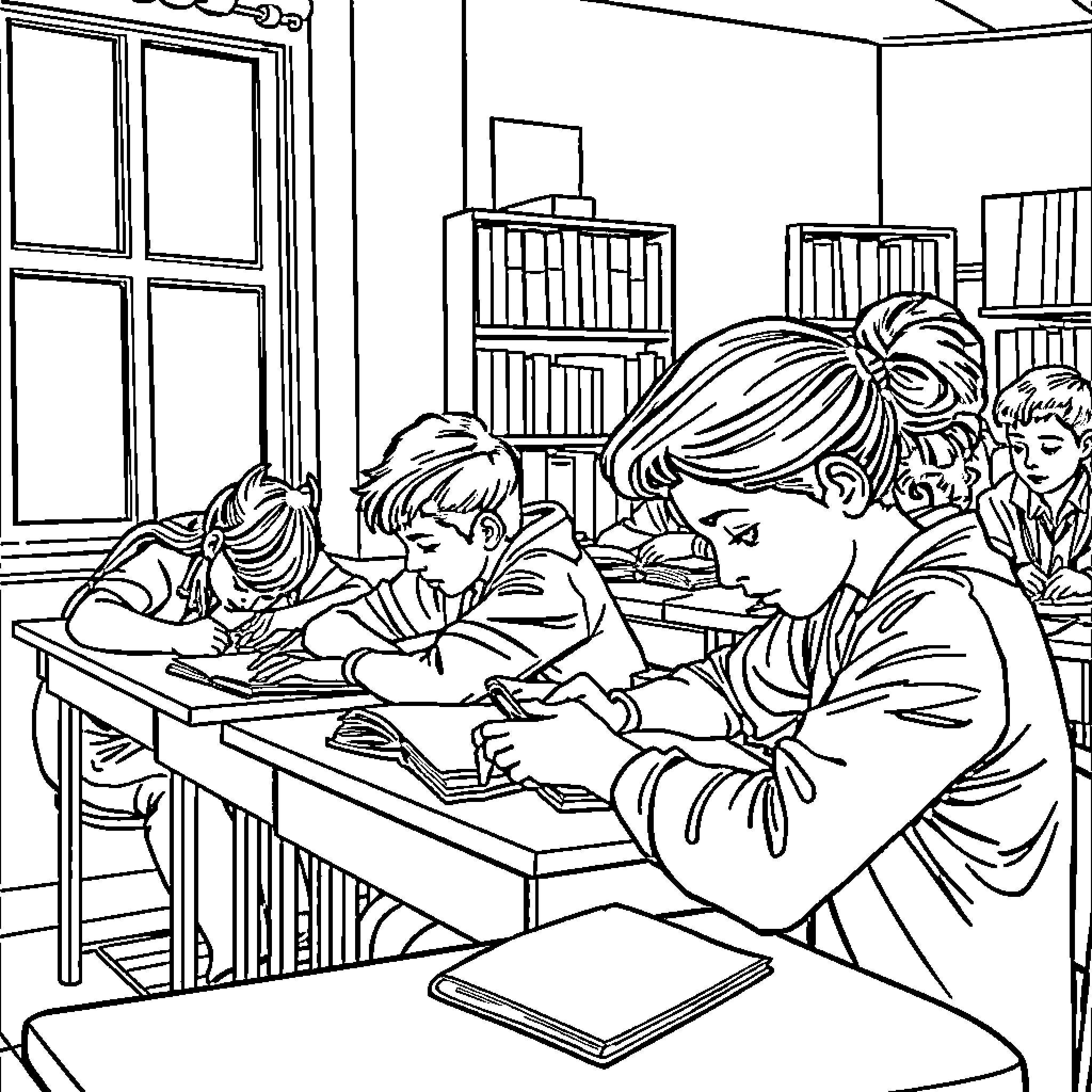 Students Engaged in Focused Classroom Learning Coloring Page (free black-and-white line drawing printable PDF for all, from beginners to advanced learners, including children, teens, adults, and seniors)