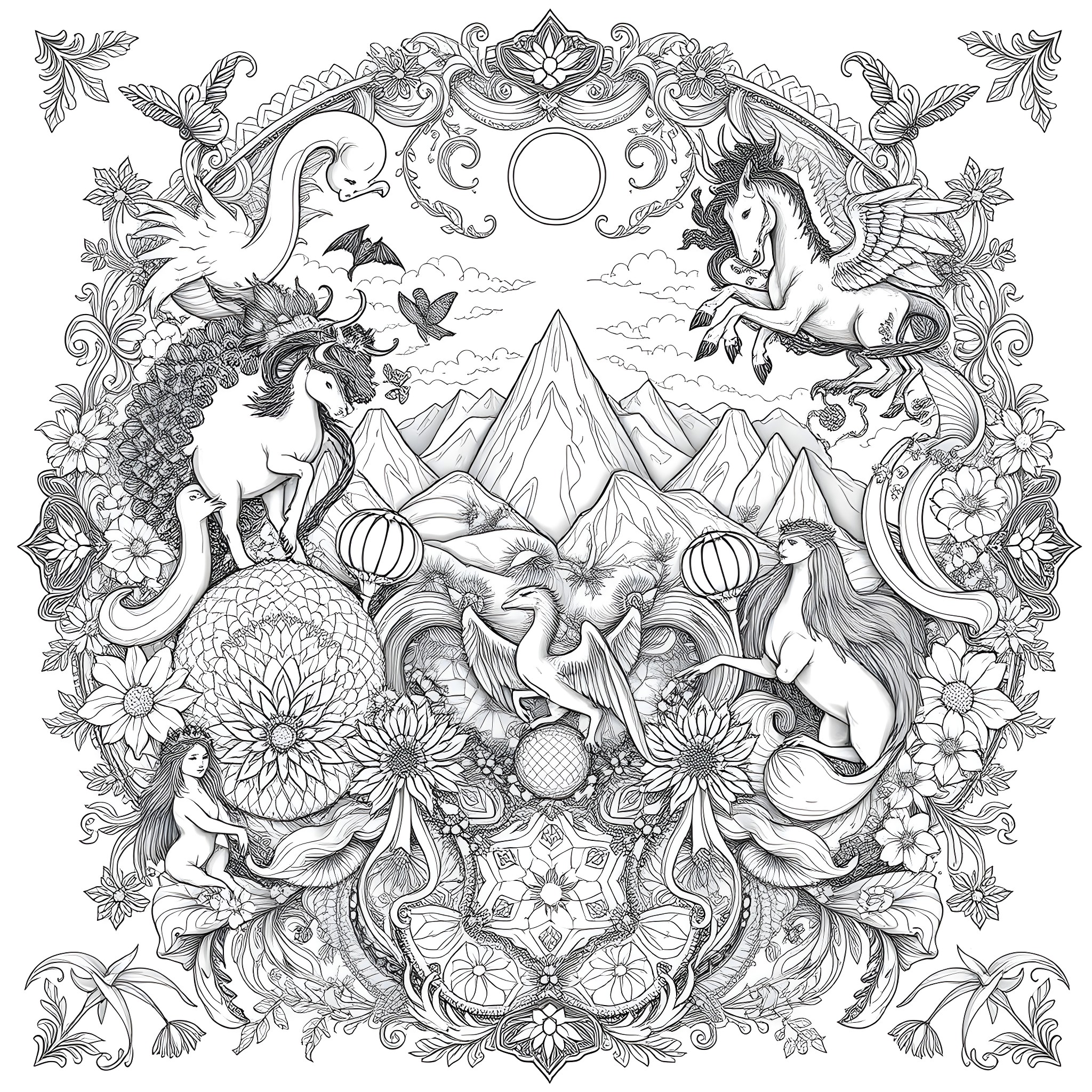 Tapestry of Enchanting Creatures and Landscapes Coloring Page (free black-and-white line drawing printable PDF for all, from beginners to advanced learners, including children, teens, adults, and seniors)