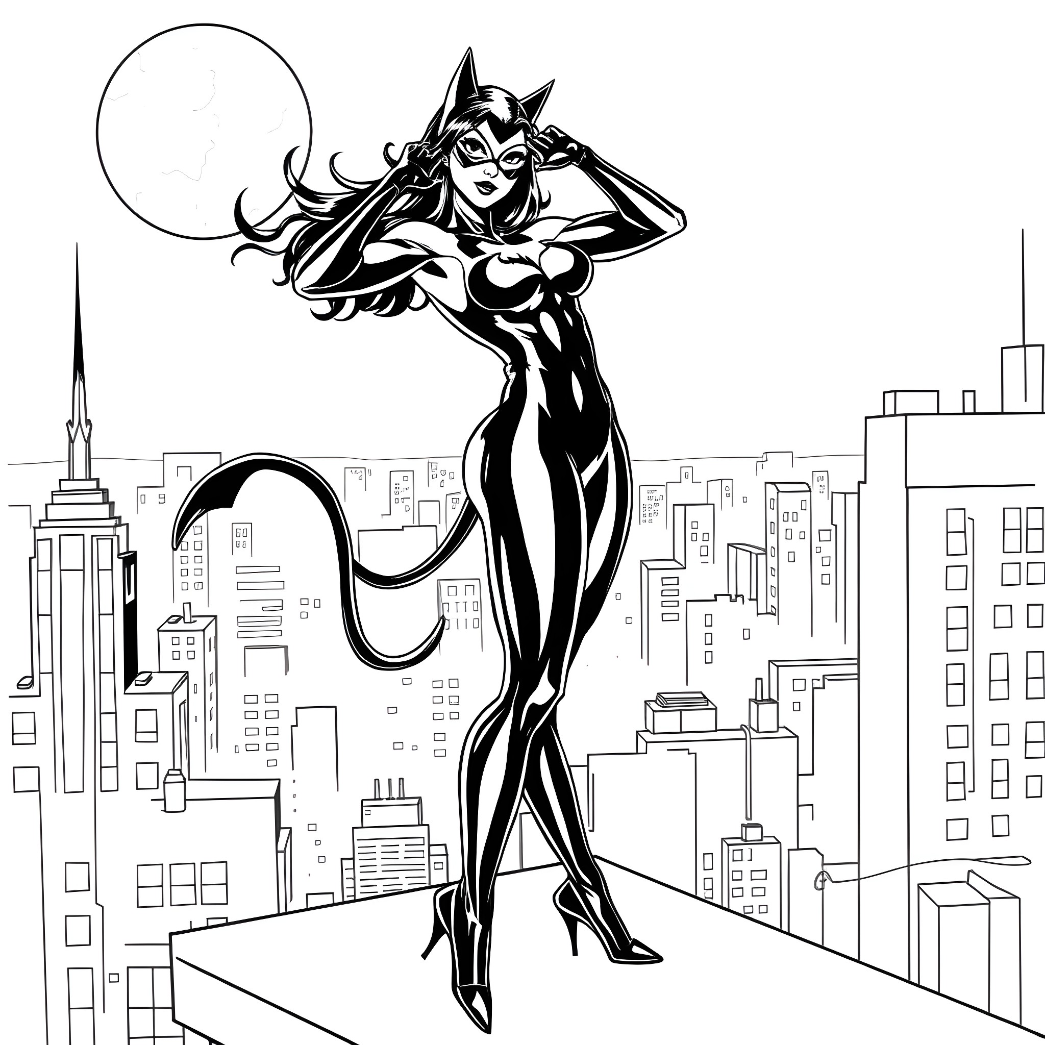 Cat Woman striking a heroic pose over the city Coloring Page (free black-and-white line drawing printable PDF for all, from beginners to advanced learners, including children, teens, adults, and seniors)
