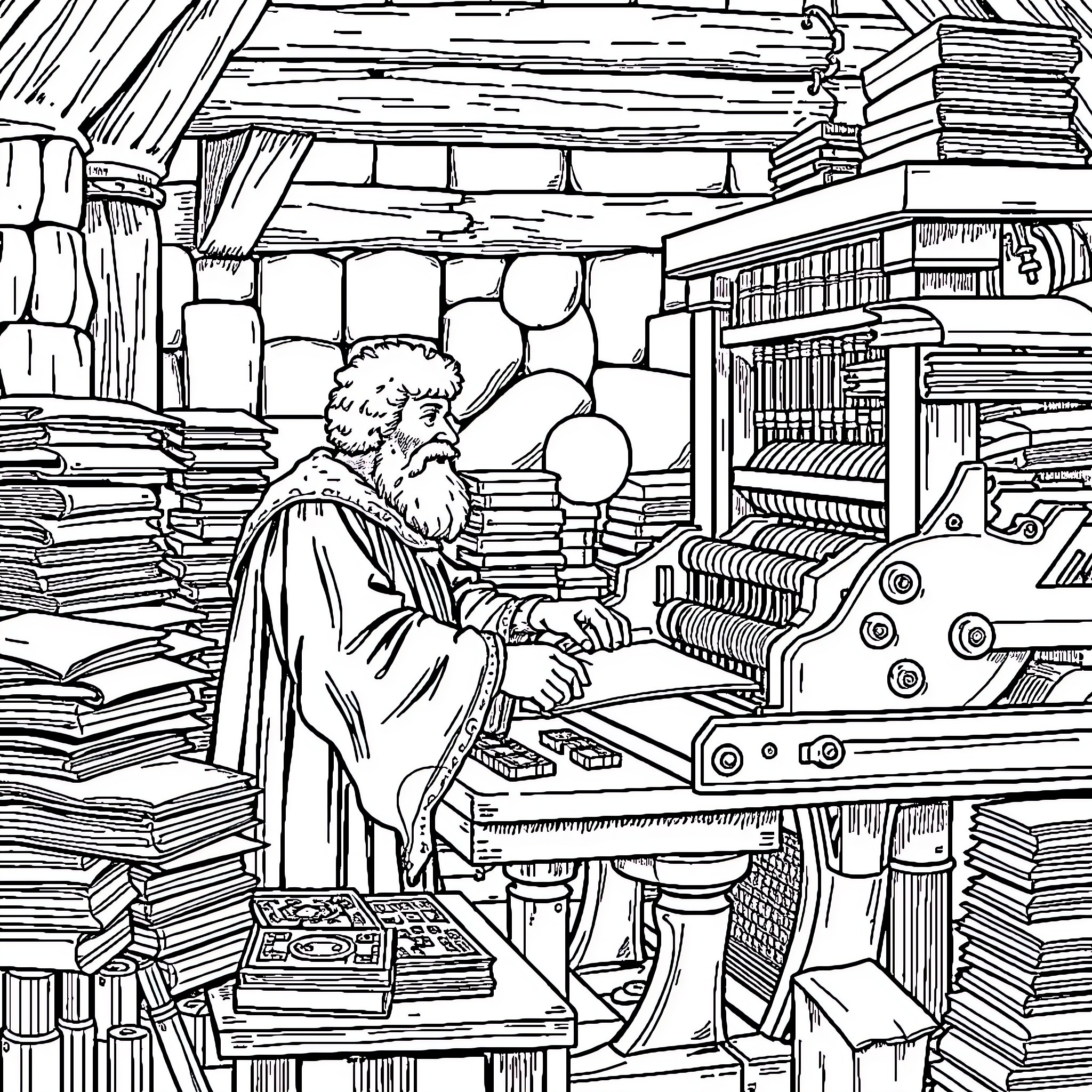Gutenberg Working Diligently in His Print Shop Coloring Page (free black-and-white line drawing printable PDF for all, from beginners to advanced learners, including children, teens, adults, and seniors)