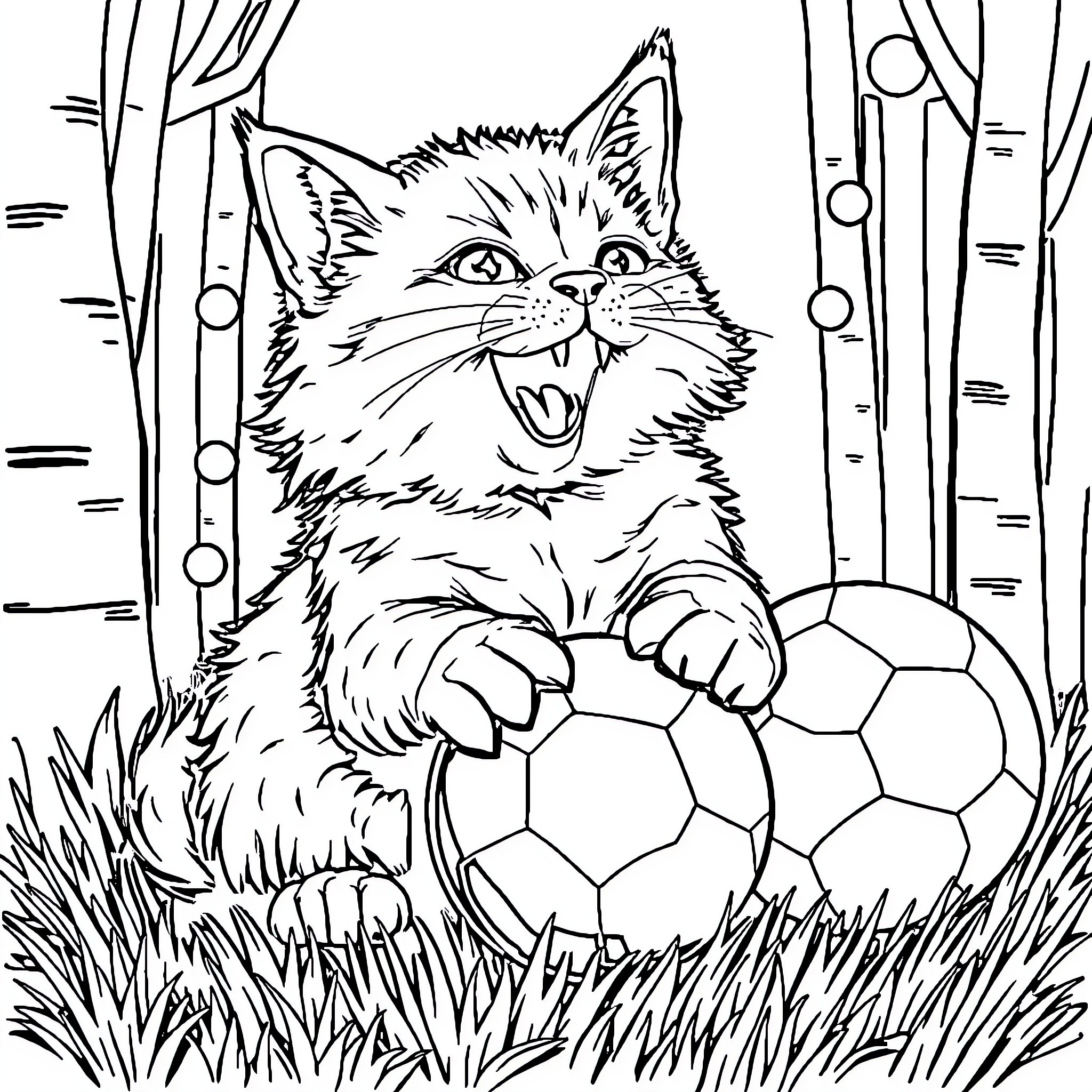 Animal playfully interacting with sports ball in nature Coloring Page (free black-and-white line drawing printable PDF for all, from beginners to advanced learners, including children, teens, adults, and seniors)