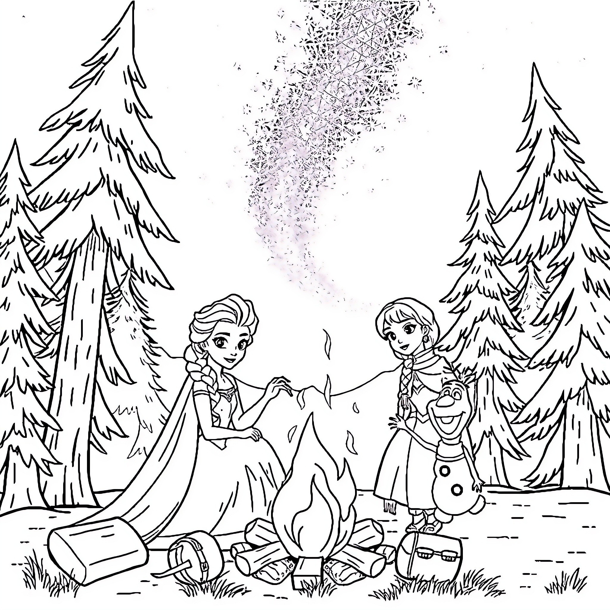 Disney Characters Enjoying a Campfire in the Forest Coloring Page (free black-and-white line drawing printable PDF for all, from beginners to advanced learners, including children, teens, adults, and seniors)