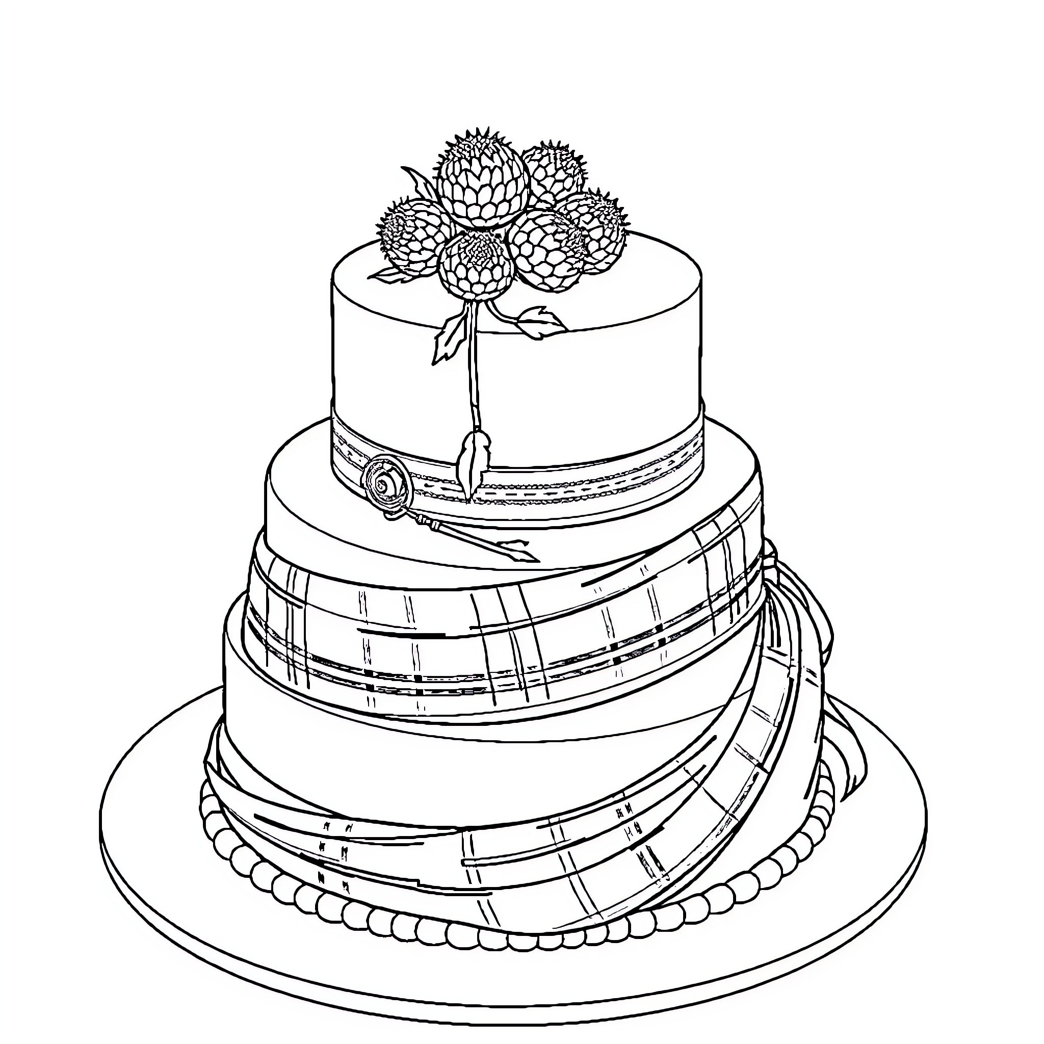 Wedding Cake with Ornate Floral Decorations Coloring Page (free black-and-white line drawing printable PDF for all, from beginners to advanced learners, including children, teens, adults, and seniors)