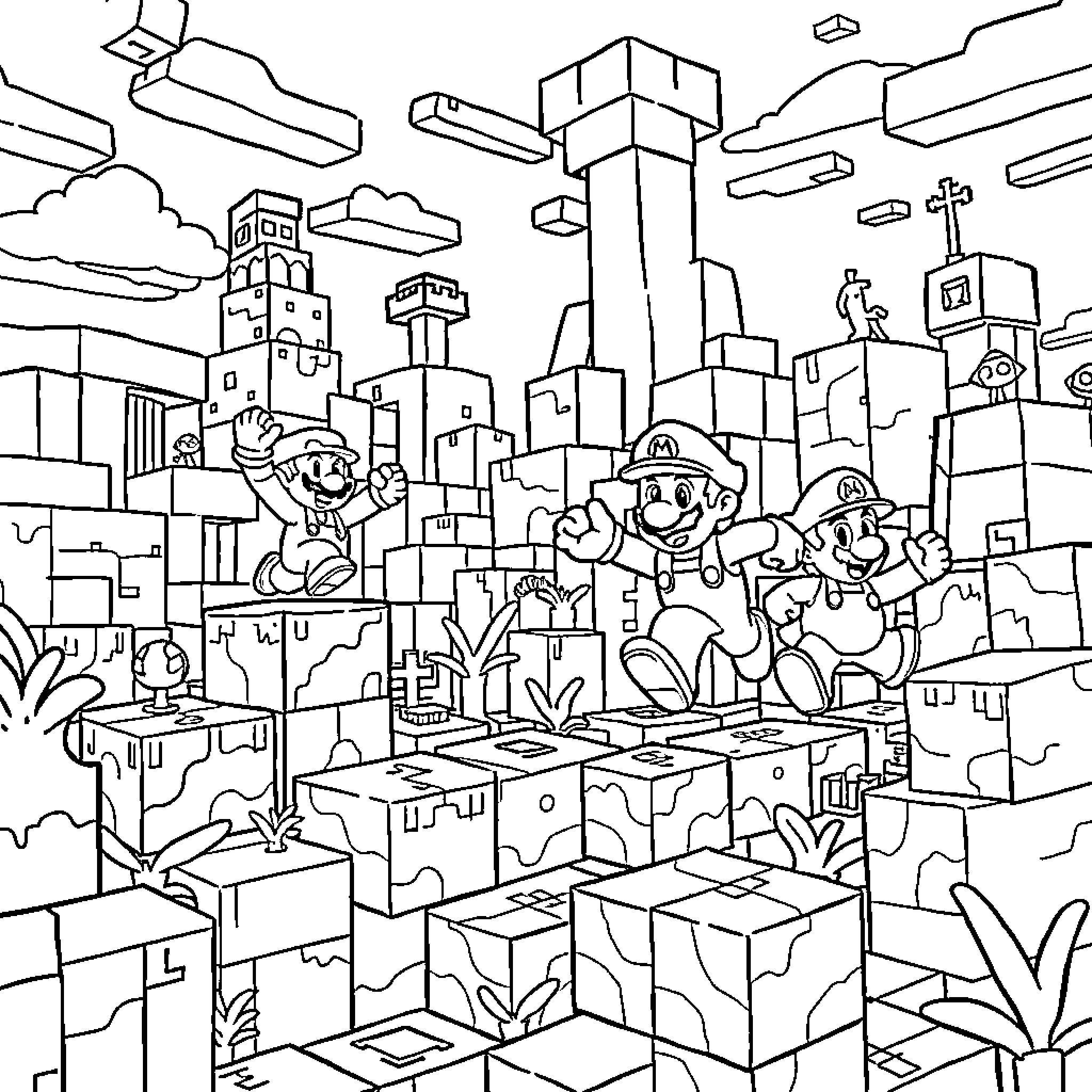 Minecraft Mario Characters Exploring Urban Landscape Coloring Page (free black-and-white line drawing printable PDF for all, from beginners to advanced learners, including children, teens, adults, and seniors)