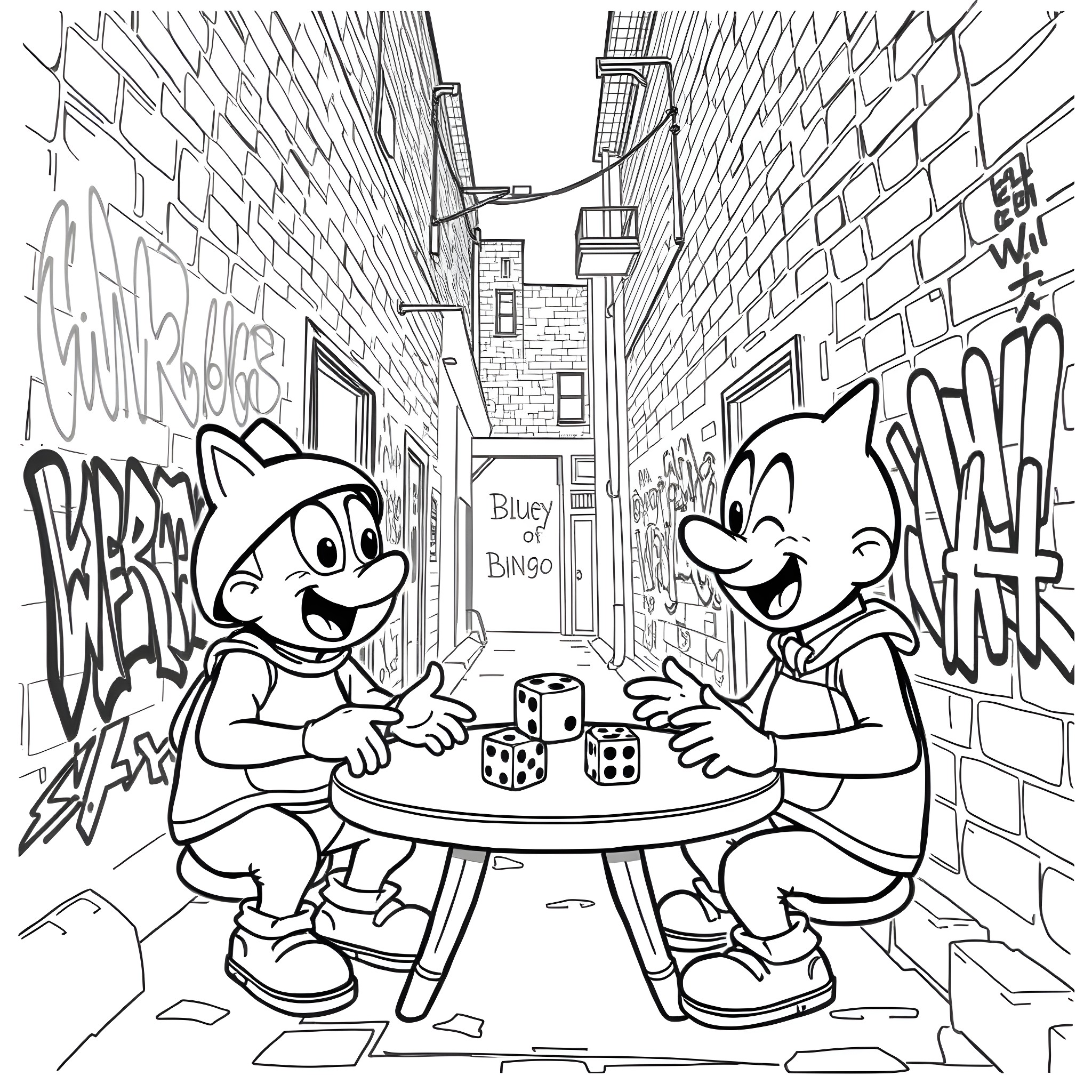 Bluey and Bingo playing dice in an alley Coloring Page (free black-and-white line drawing printable PDF for all, from beginners to advanced learners, including children, teens, adults, and seniors)