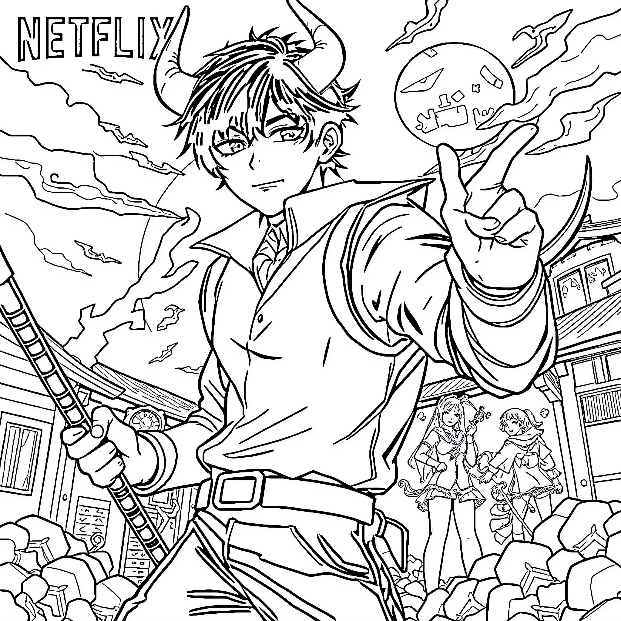 Demon Hunter in Action Against Mysterious Forces Coloring Page (free black-and-white line drawing printable PDF for all, from beginners to advanced learners, including children, teens, adults, and seniors)