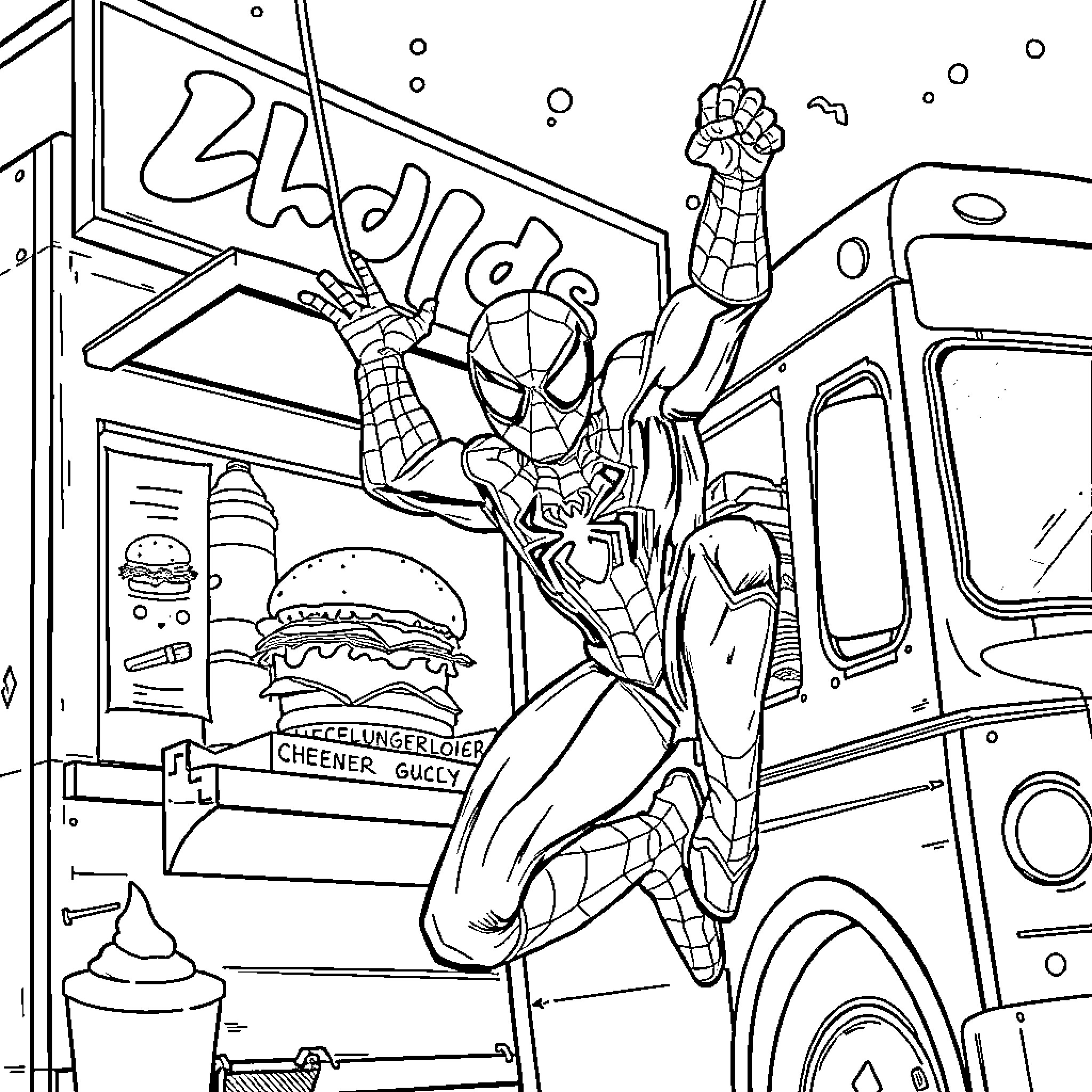 Spider-Man swinging high above a city street Coloring Page (free black-and-white line drawing printable PDF for all, from beginners to advanced learners, including children, teens, adults, and seniors)