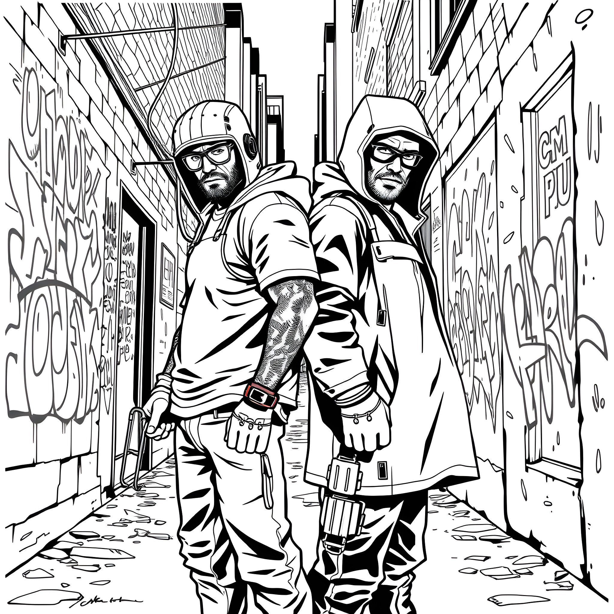 Cm Punk in action-packed urban alley Coloring Page (free black-and-white line drawing printable PDF for all, from beginners to advanced learners, including children, teens, adults, and seniors)