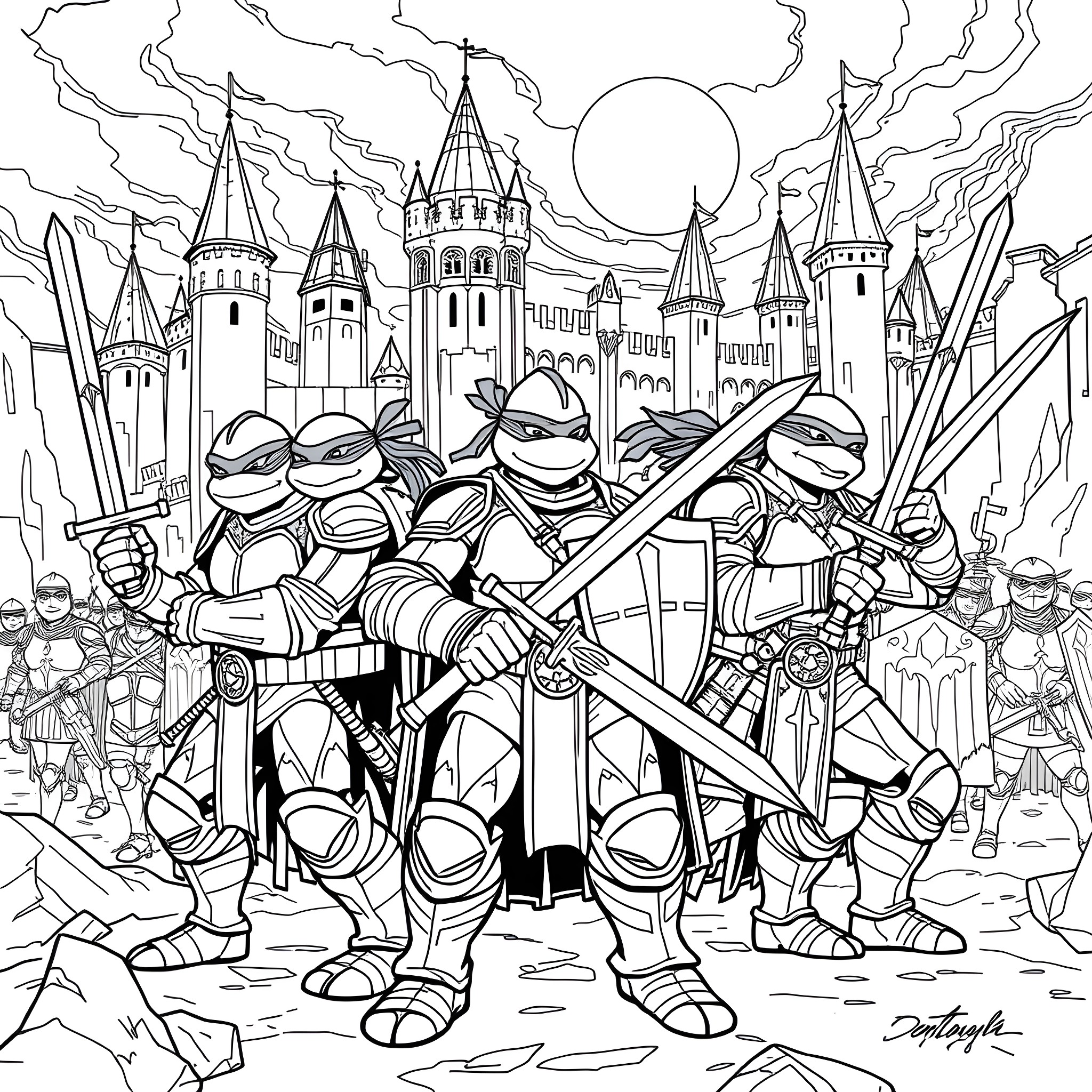 Teenage Mutant Ninja Turtles Storming a Fantastical Castle Coloring Page (free black-and-white line drawing printable PDF for all, from beginners to advanced learners, including children, teens, adults, and seniors)