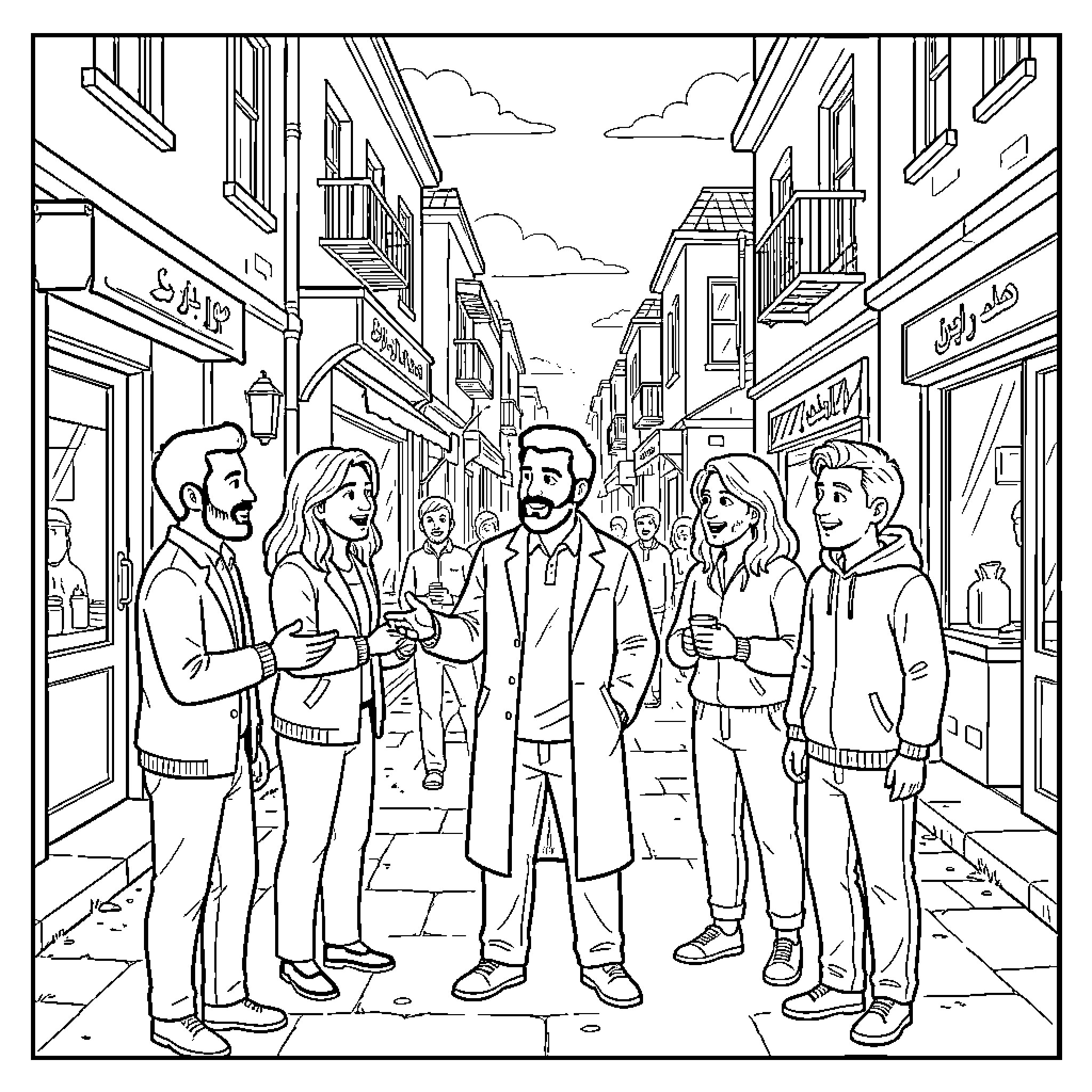 سنان يتحدث مع الناس في شارع المدينة المزدحم Coloring Page (free black-and-white line drawing printable PDF for all, from beginners to advanced learners, including children, teens, adults, and seniors)