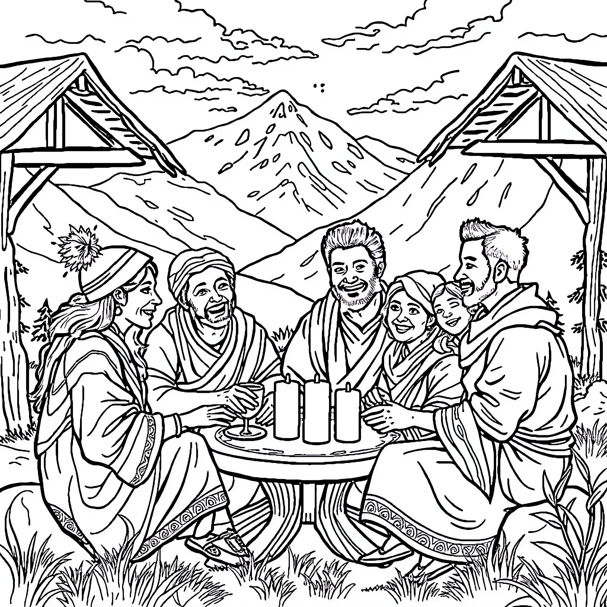 Mafate people gathered in community outdoors Coloring Page (free black-and-white line drawing printable PDF for all, from beginners to advanced learners, including children, teens, adults, and seniors)