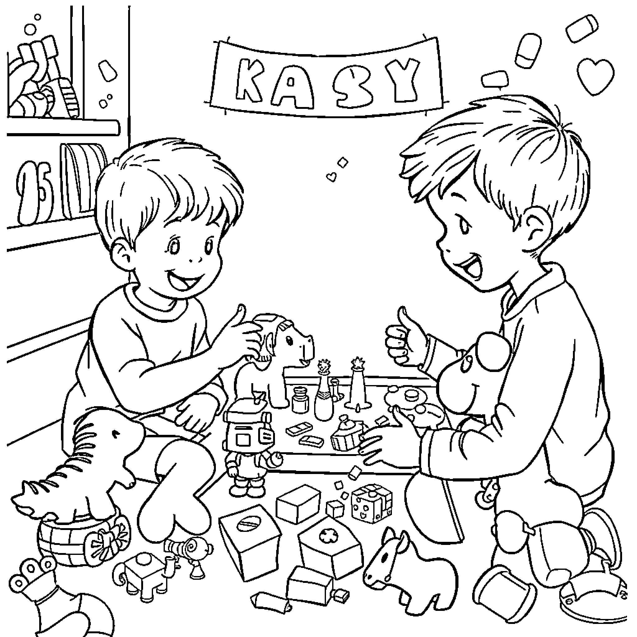 Game of two young boys playing with toys and blocks Coloring Page (free black-and-white line drawing printable PDF for all, from beginners to advanced learners, including children, teens, adults, and seniors)