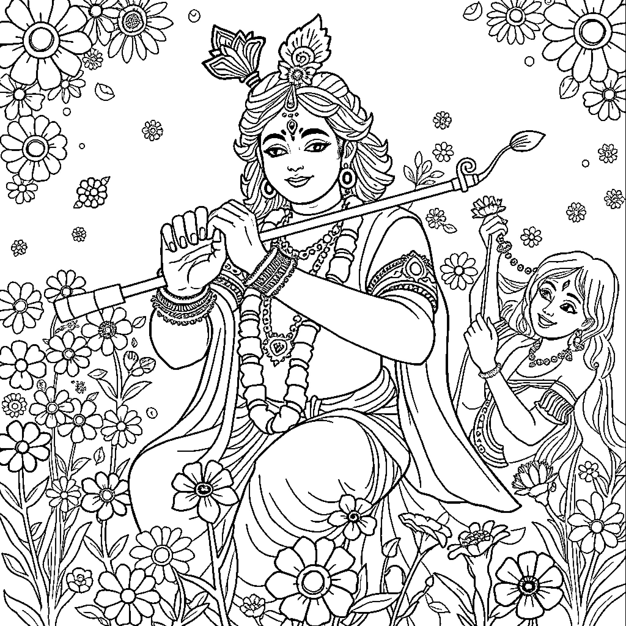 Krishna playing with the gopis in a flower-filled scene Coloring Page (free black-and-white line drawing printable PDF for all, from beginners to advanced learners, including children, teens, adults, and seniors)