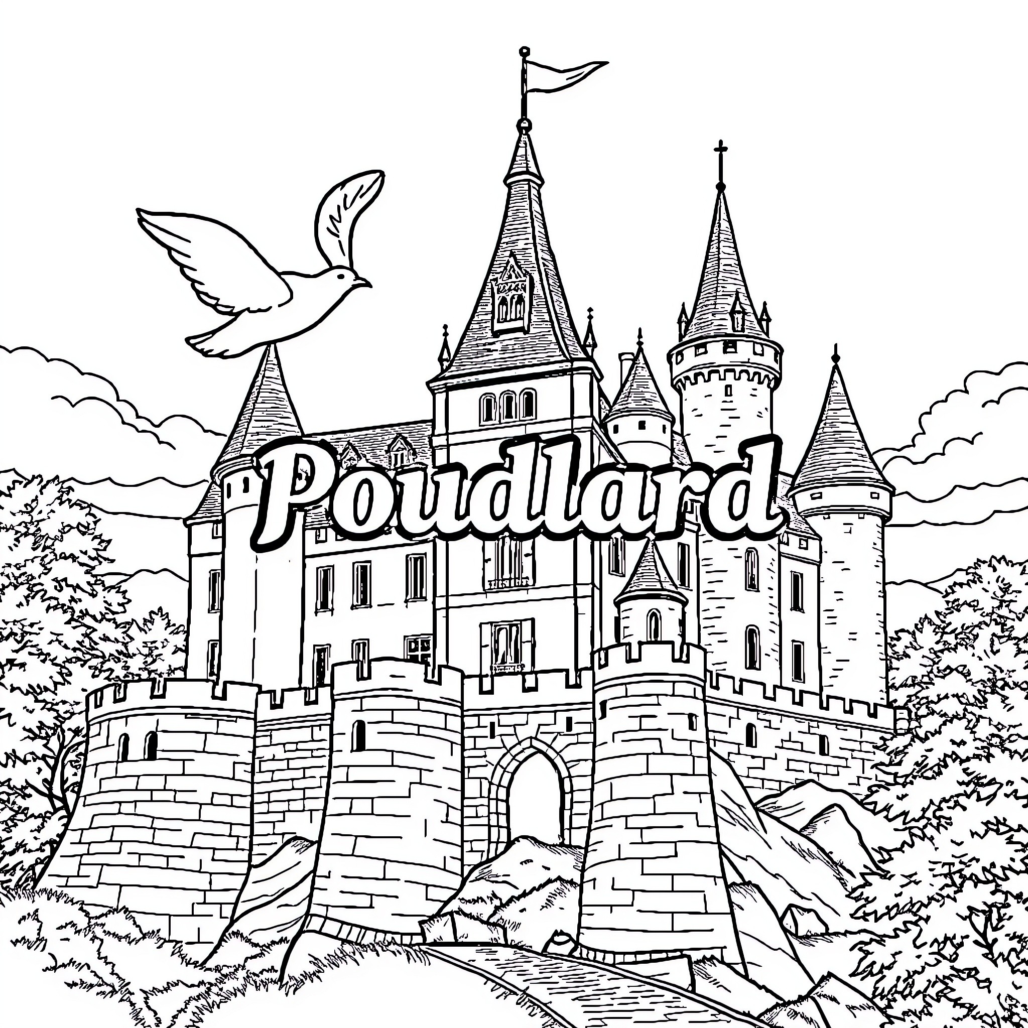 Hogwarts Castle with Surrounding Landscapes Coloring Page (free black-and-white line drawing printable PDF for all, from beginners to advanced learners, including children, teens, adults, and seniors)