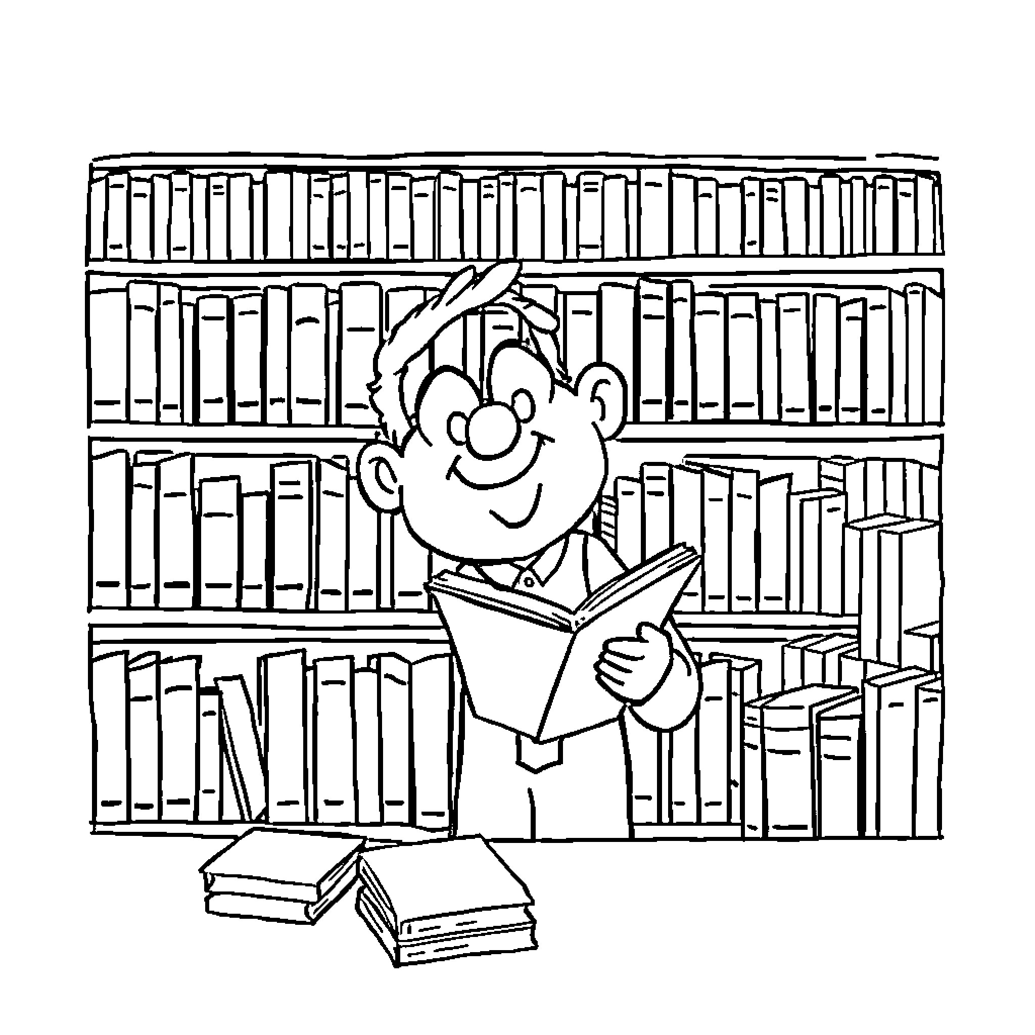 Librarian shelving books happily in the library Coloring Page (free black-and-white line drawing printable PDF for all, from beginners to advanced learners, including children, teens, adults, and seniors)