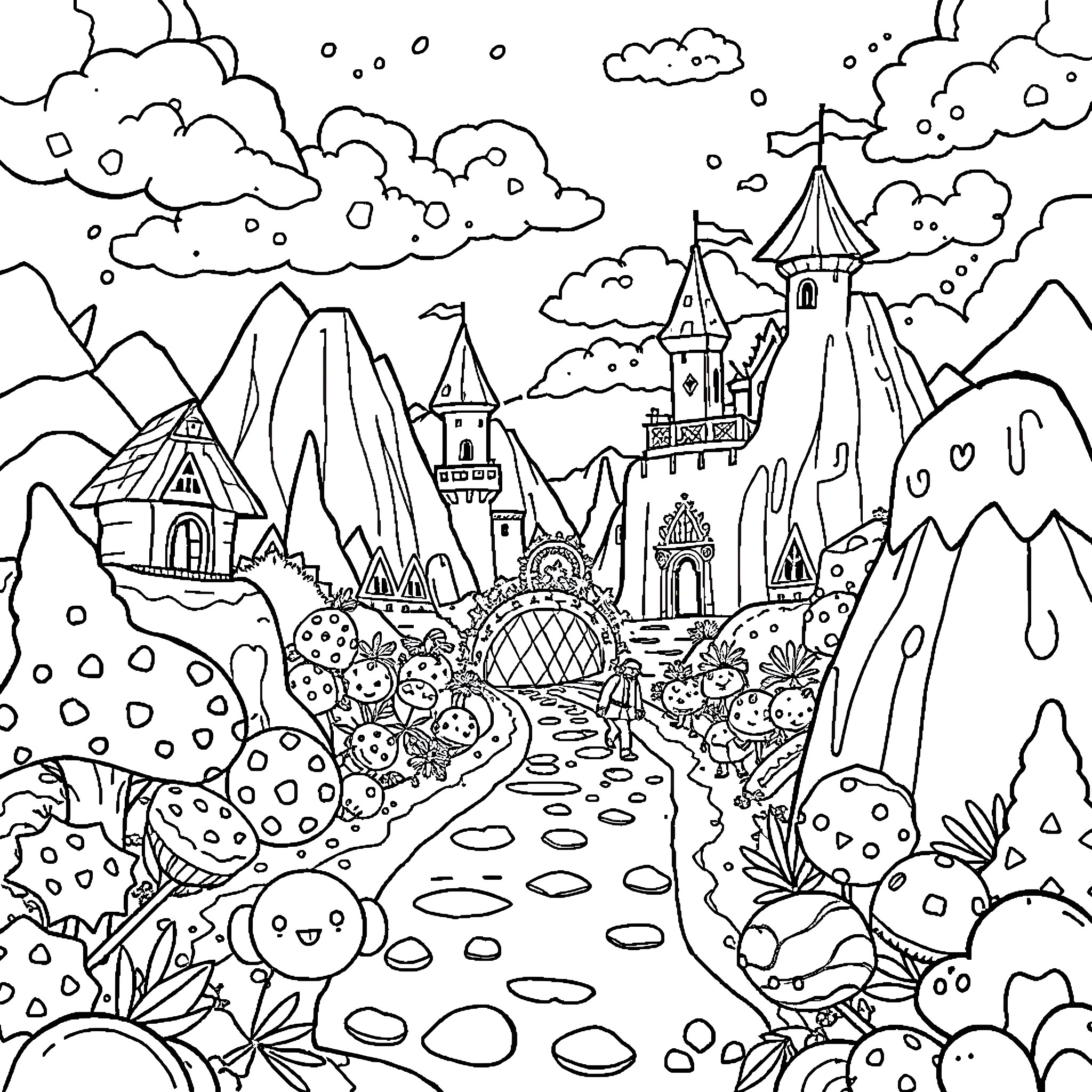 Cookie Cottage in the Magical Forest Coloring Page (free black-and-white line drawing printable PDF for all, from beginners to advanced learners, including children, teens, adults, and seniors)