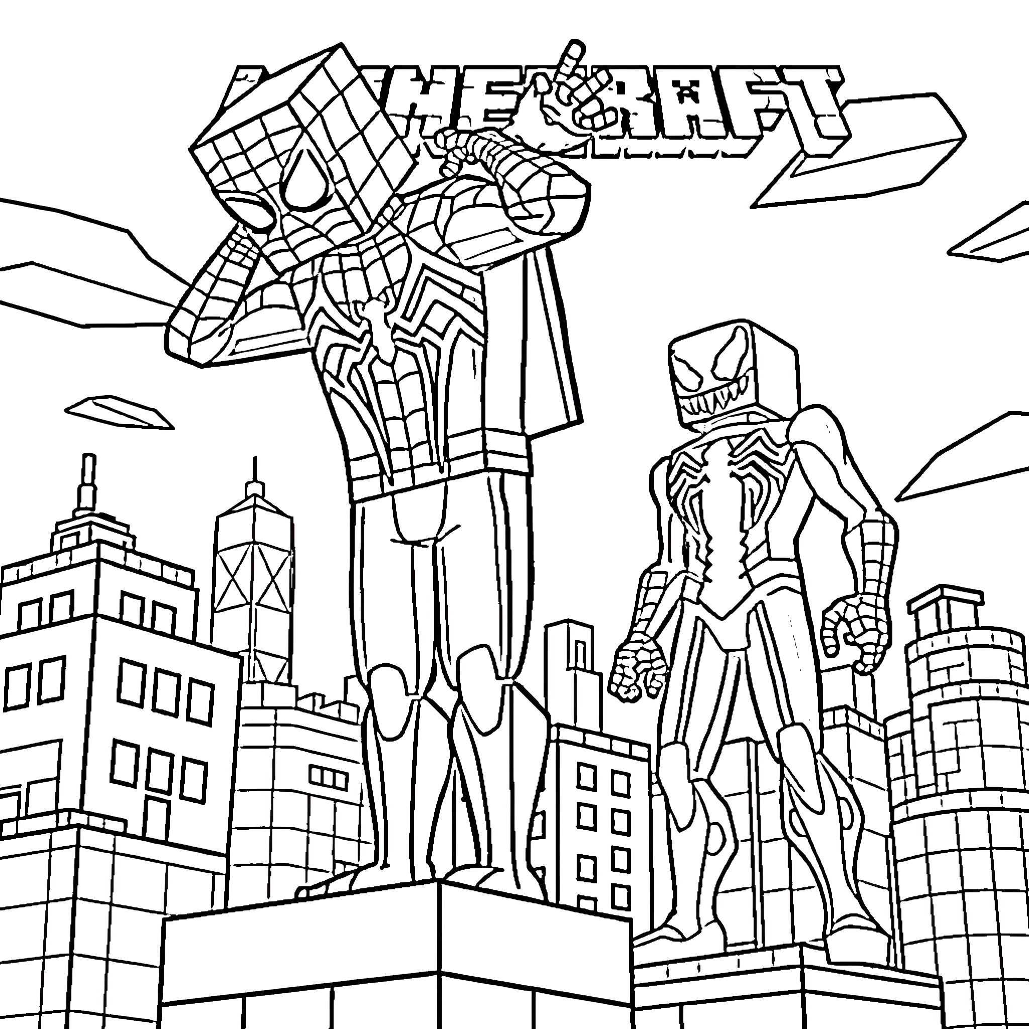 Spider-Man swinging through the city skyline Coloring Page (free black-and-white line drawing printable PDF for all, from beginners to advanced learners, including children, teens, adults, and seniors)
