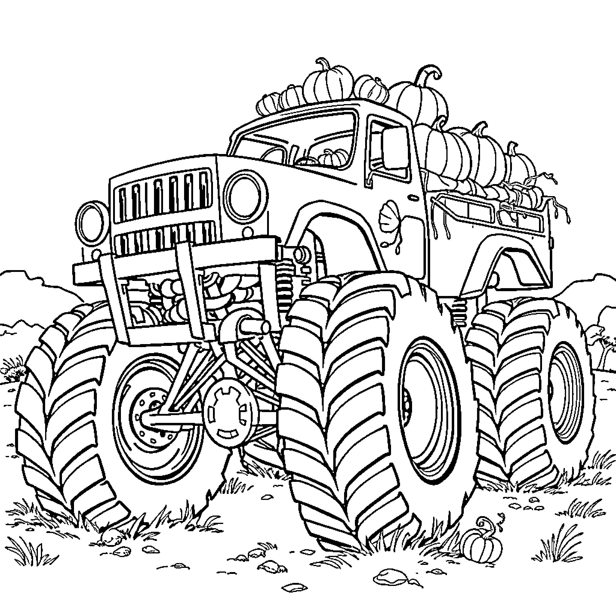Monster Truck Carrying Pumpkins in Autumn Landscape Coloring Page (free black-and-white line drawing printable PDF for all, from beginners to advanced learners, including children, teens, adults, and seniors)