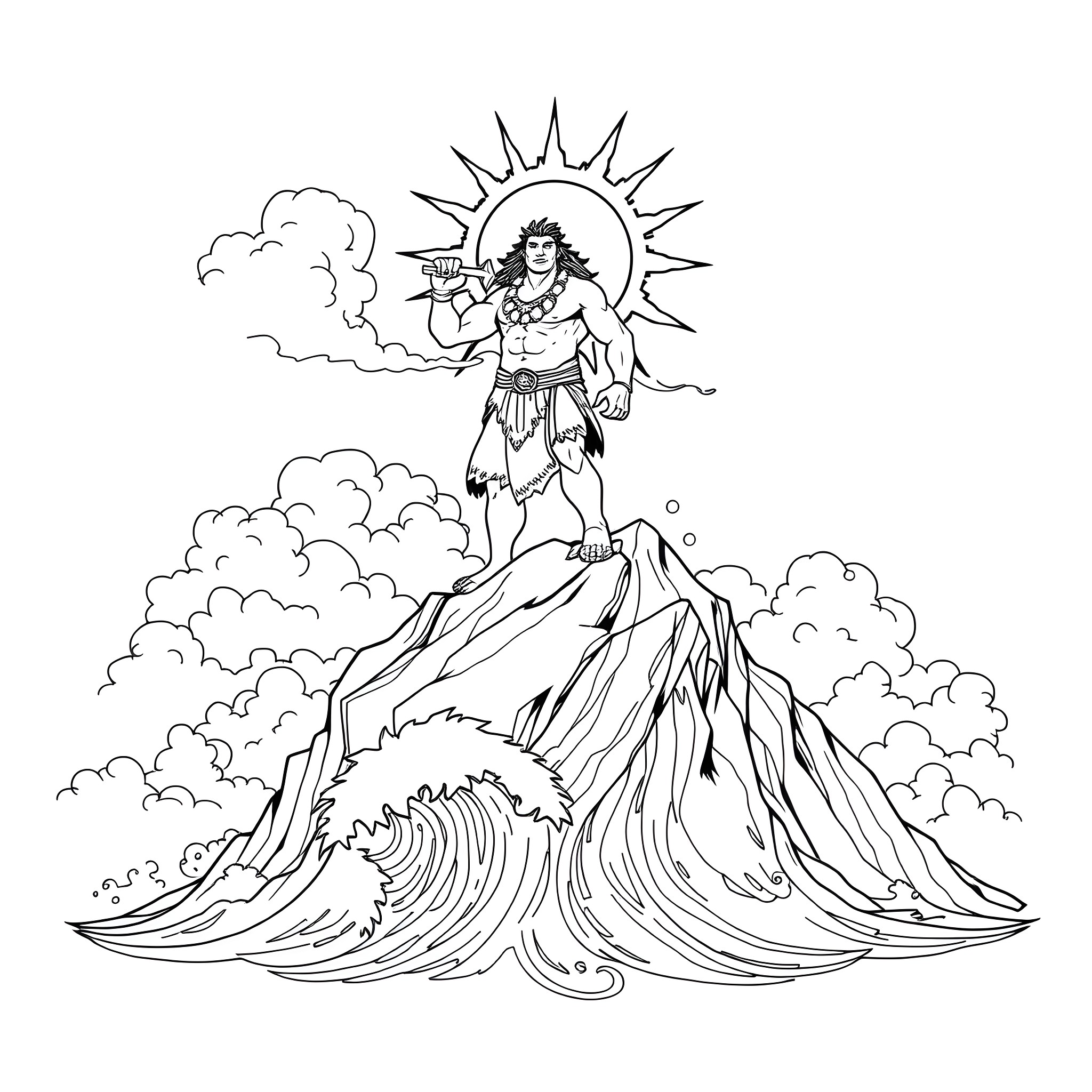 Maui standing atop a wave-like mountain Coloring Page (free black-and-white line drawing printable PDF for all, from beginners to advanced learners, including children, teens, adults, and seniors)