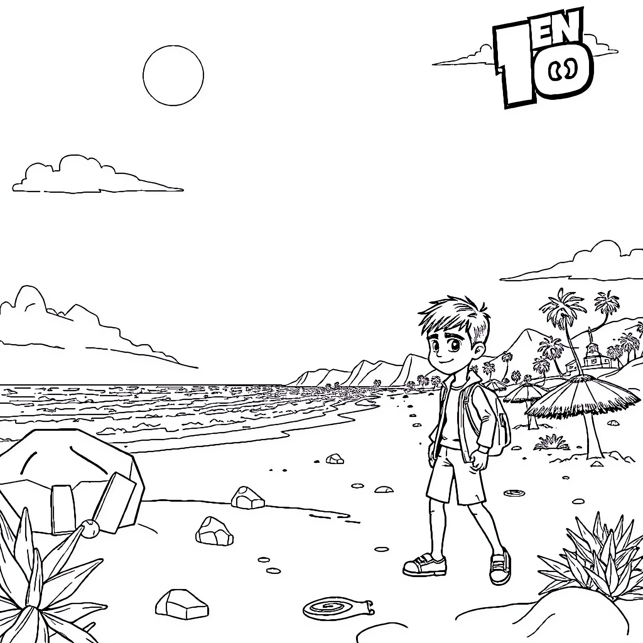 Ben 10 exploring the sunny beach scene Coloring Page (free black-and-white line drawing printable PDF for all, from beginners to advanced learners, including children, teens, adults, and seniors)