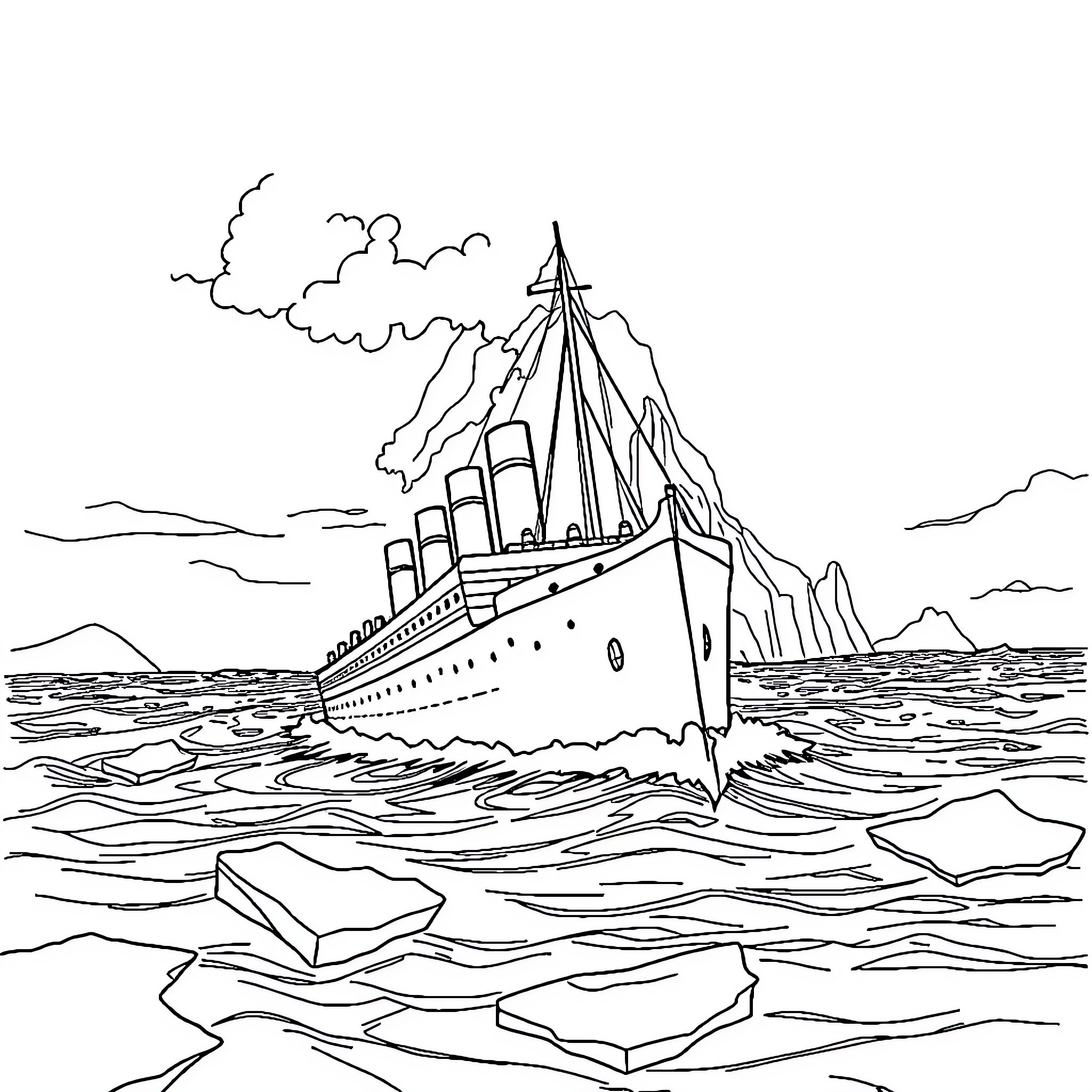 Titanic sailing amidst icy waters and mountains Coloring Page (free black-and-white line drawing printable PDF for all, from beginners to advanced learners, including children, teens, adults, and seniors)