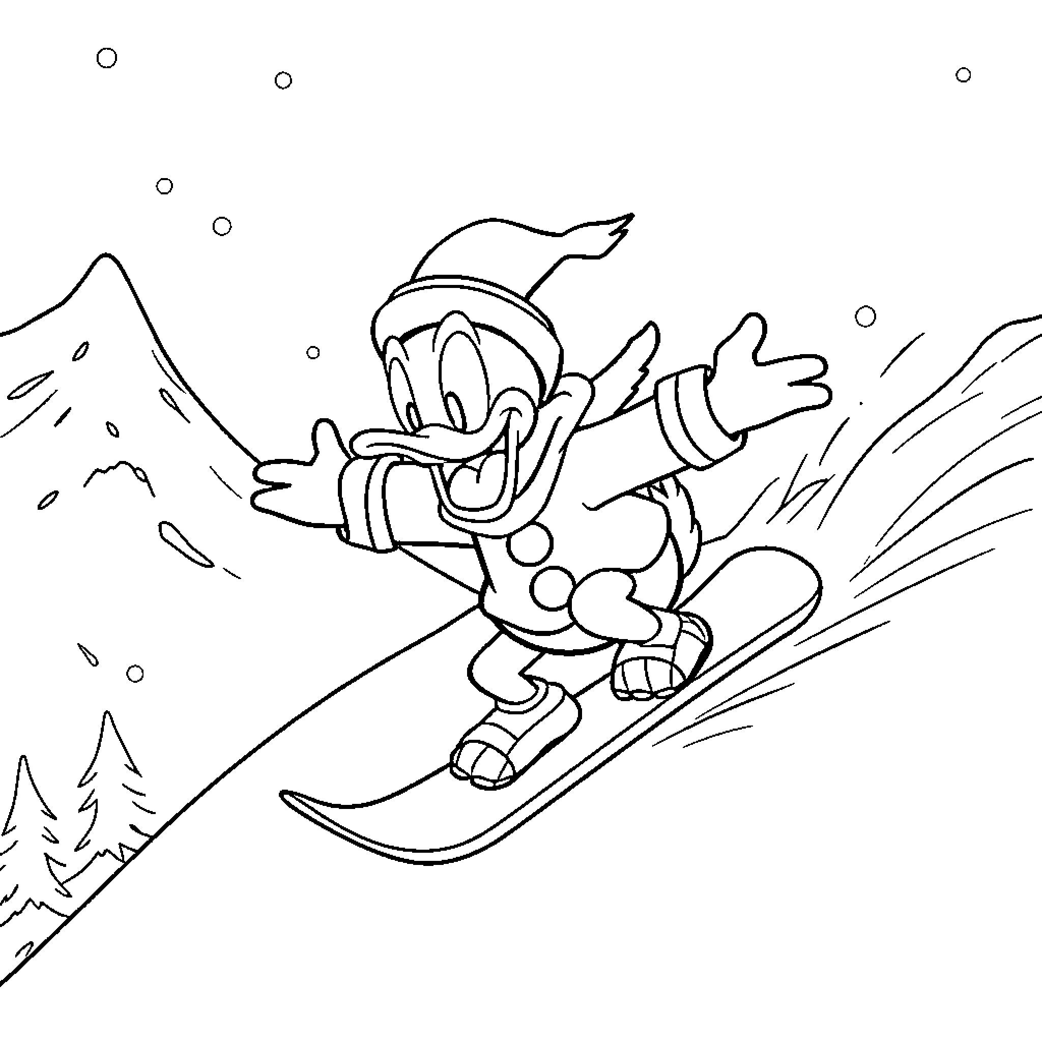 Donald Duck Skiing Excitedly Down the Slopes Coloring Page (free black-and-white line drawing printable PDF for all, from beginners to advanced learners, including children, teens, adults, and seniors)