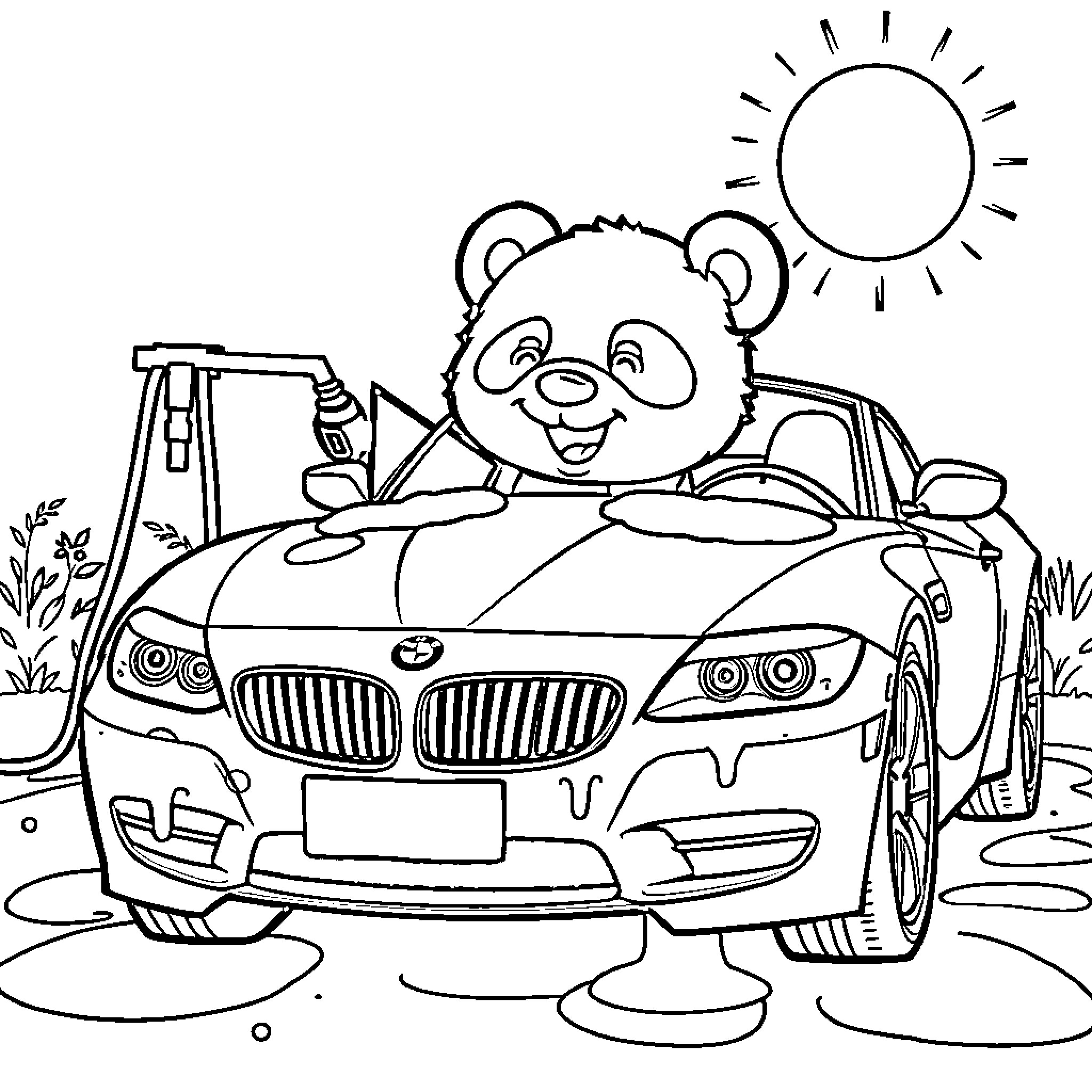 Panda enjoying a sunny drive in a sports car Coloring Page (free black-and-white line drawing printable PDF for all, from beginners to advanced learners, including children, teens, adults, and seniors)