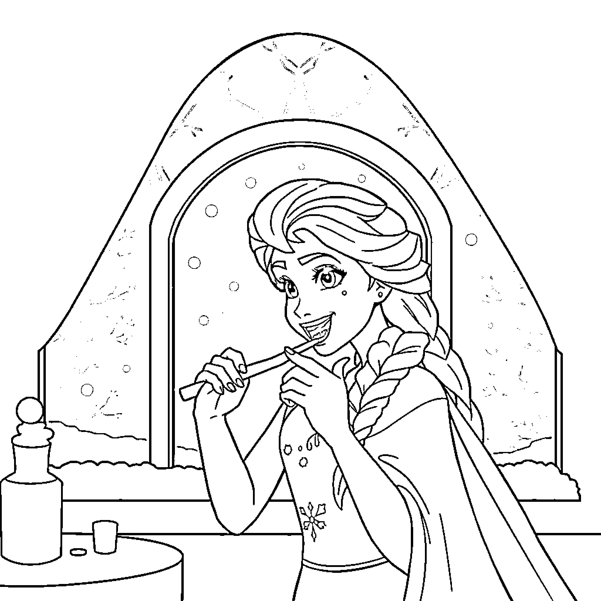 Frozen girl brushing her hair in a winter wonderland Coloring Page (free black-and-white line drawing printable PDF for all, from beginners to advanced learners, including children, teens, adults, and seniors)