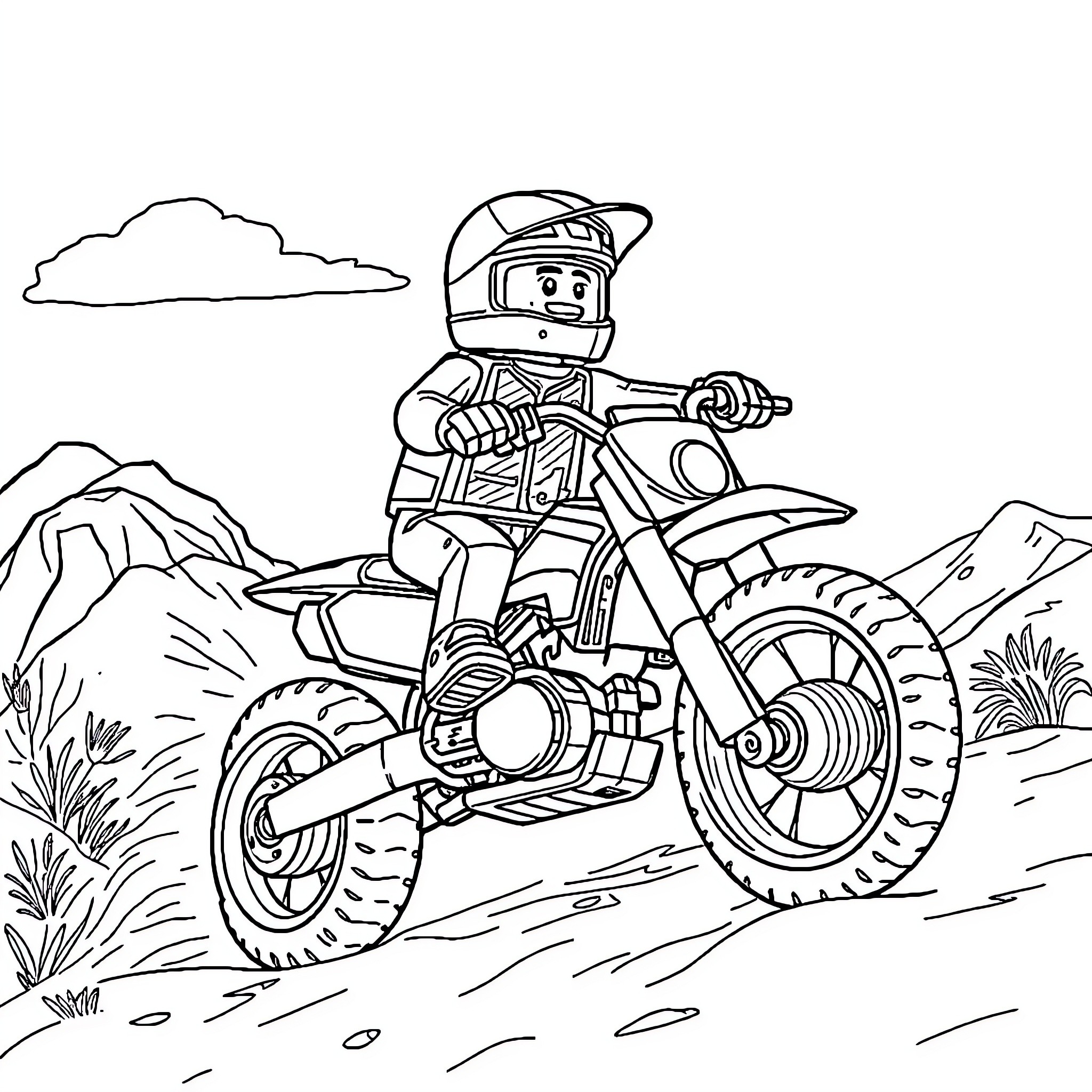 Lego Man riding off-road motorcycle through the mountains Coloring Page (free black-and-white line drawing printable PDF for all, from beginners to advanced learners, including children, teens, adults, and seniors)