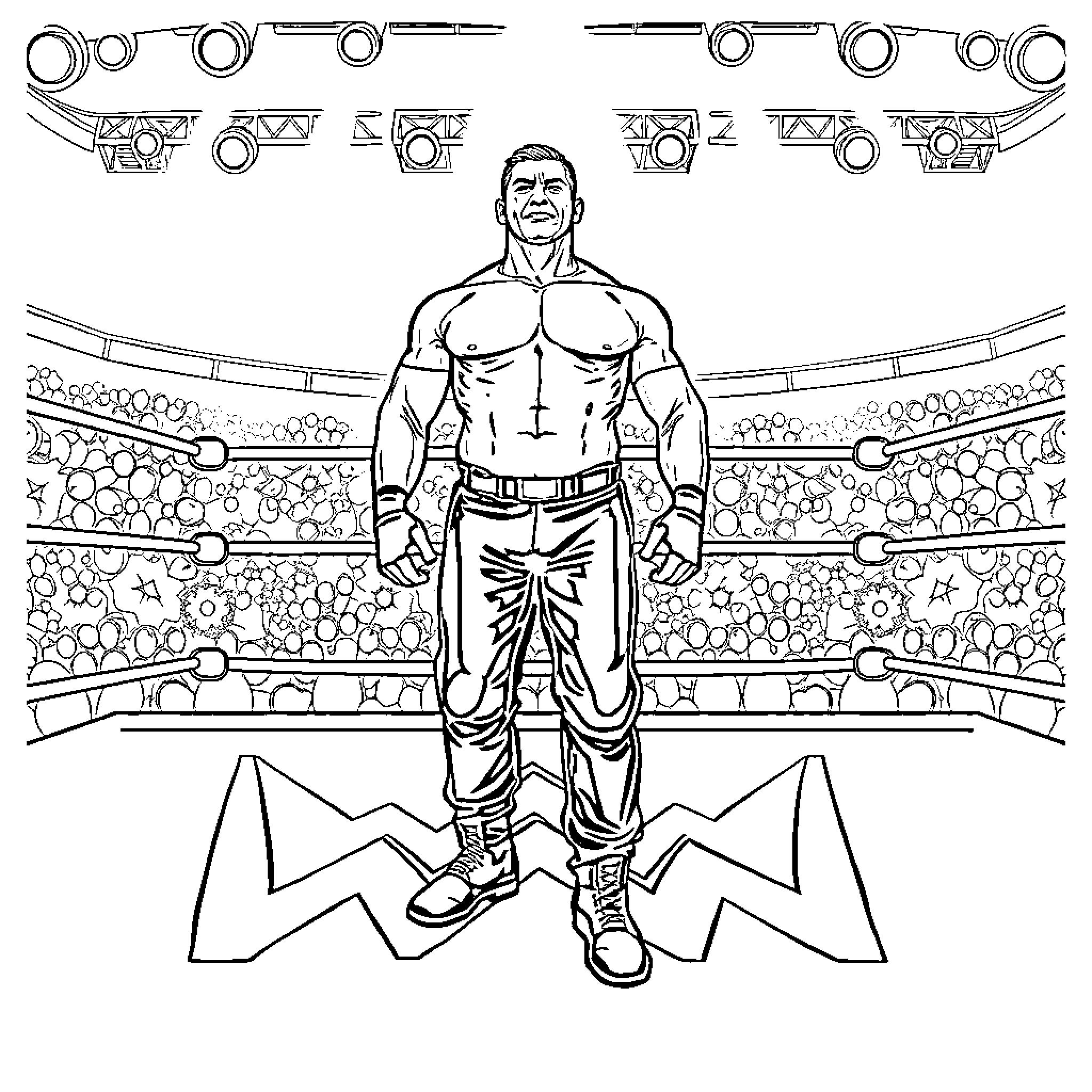 John Cena stands strong in wrestling ring Coloring Page (free black-and-white line drawing printable PDF for all, from beginners to advanced learners, including children, teens, adults, and seniors)