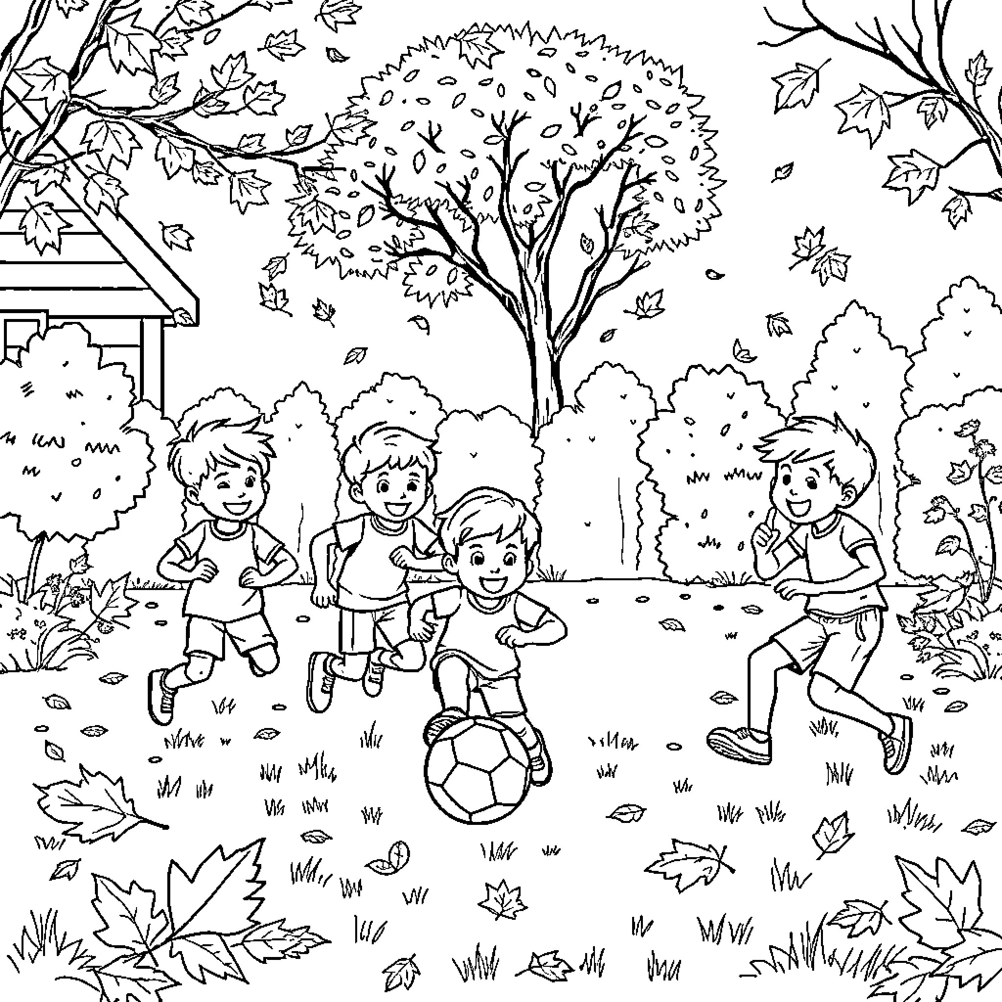 Kid playing soccer in the autumn park Coloring Page (free black-and-white line drawing printable PDF for all, from beginners to advanced learners, including children, teens, adults, and seniors)