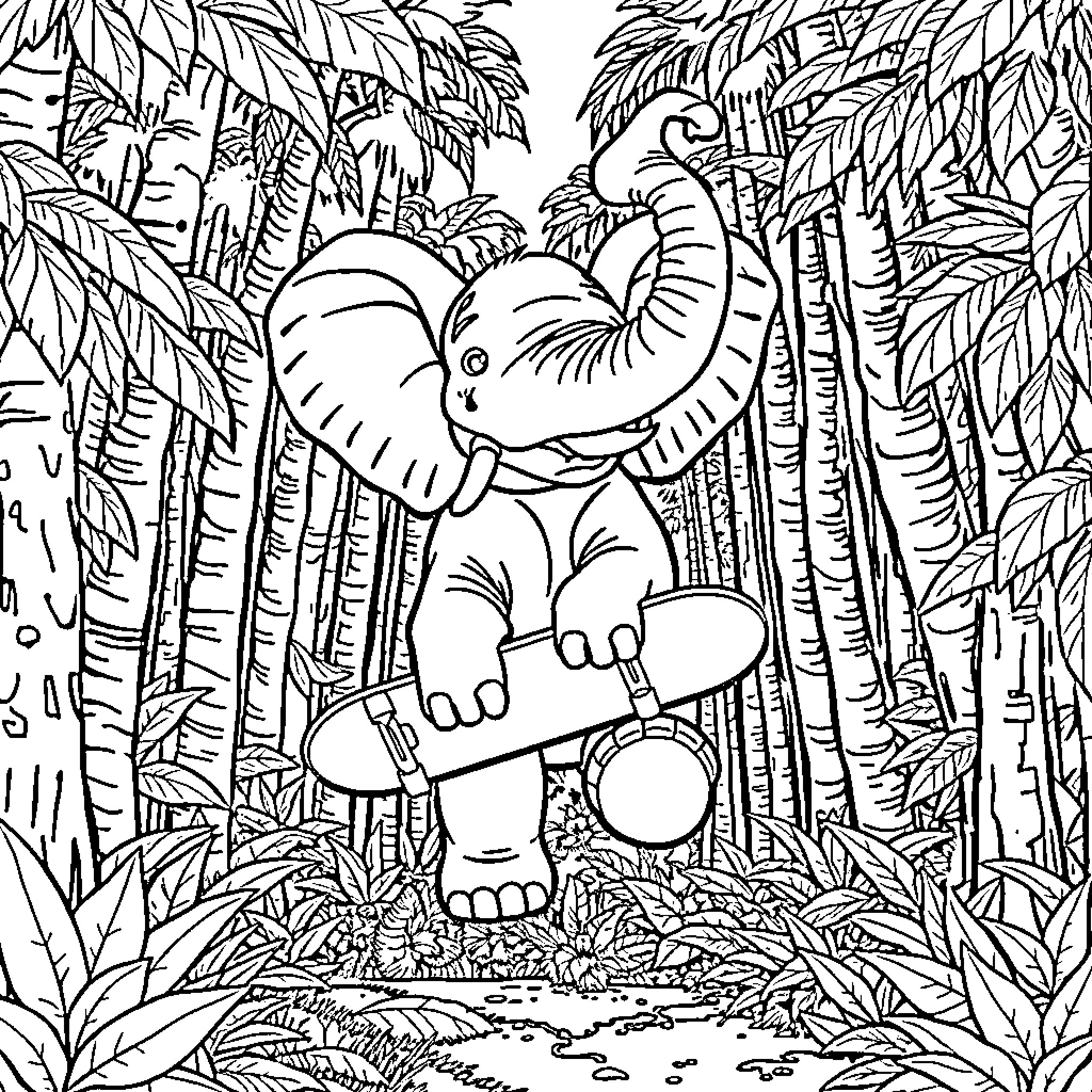 Elephant playing joyfully in the lush jungle Coloring Page (free black-and-white line drawing printable PDF for all, from beginners to advanced learners, including children, teens, adults, and seniors)
