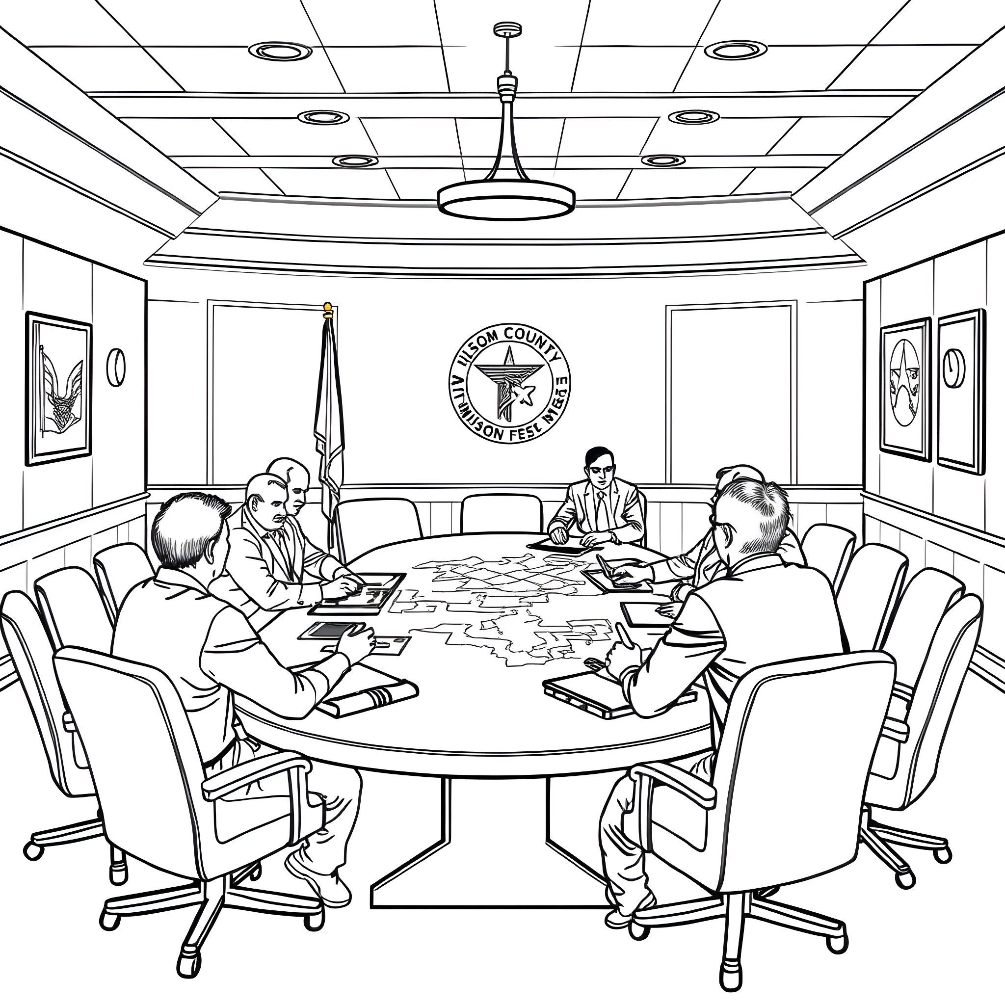 Commission Officials Discussing Important Matters at Meeting Coloring Page (free black-and-white line drawing printable PDF for all, from beginners to advanced learners, including children, teens, adults, and seniors)