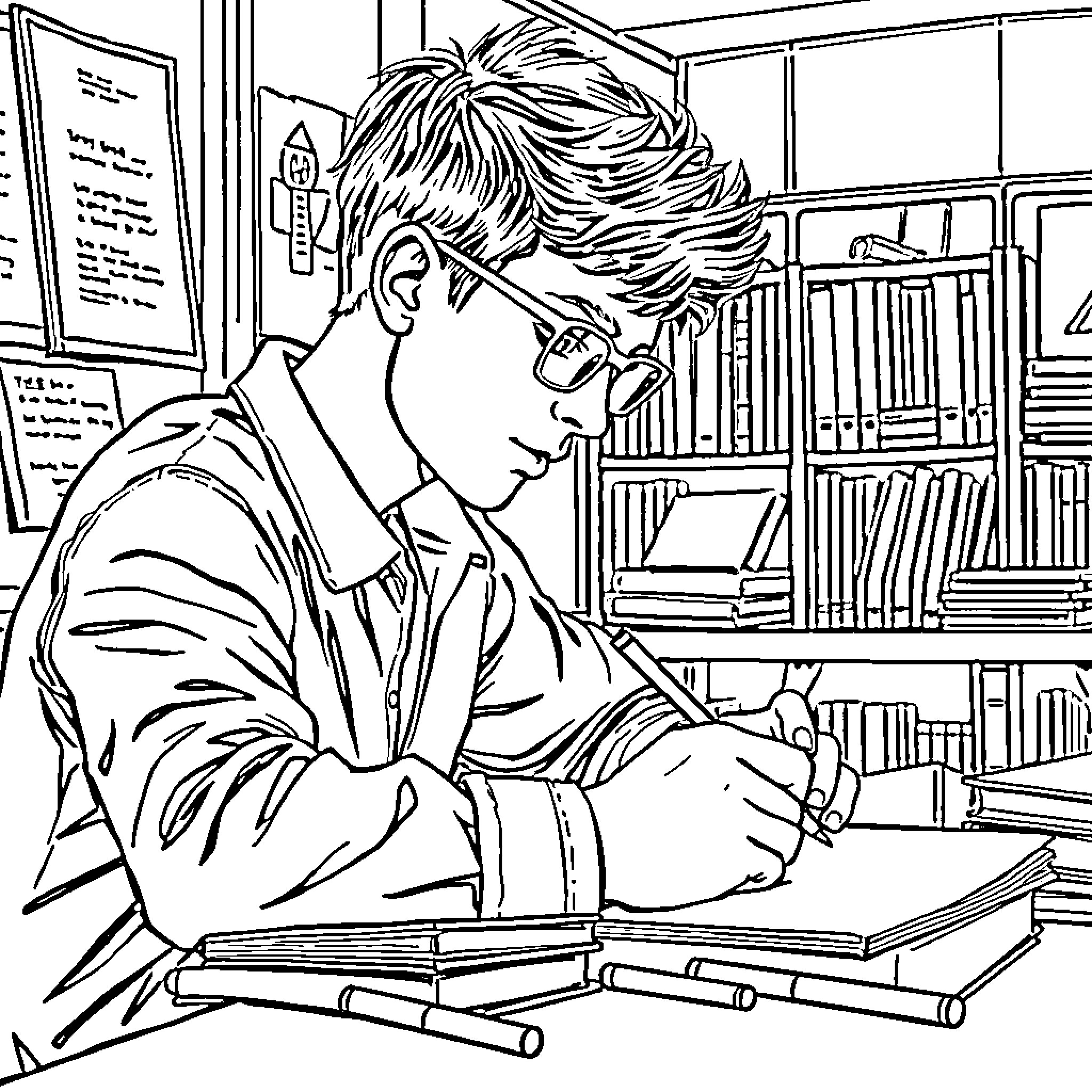 Student studying diligently in library Coloring Page (free black-and-white line drawing printable PDF for all, from beginners to advanced learners, including children, teens, adults, and seniors)