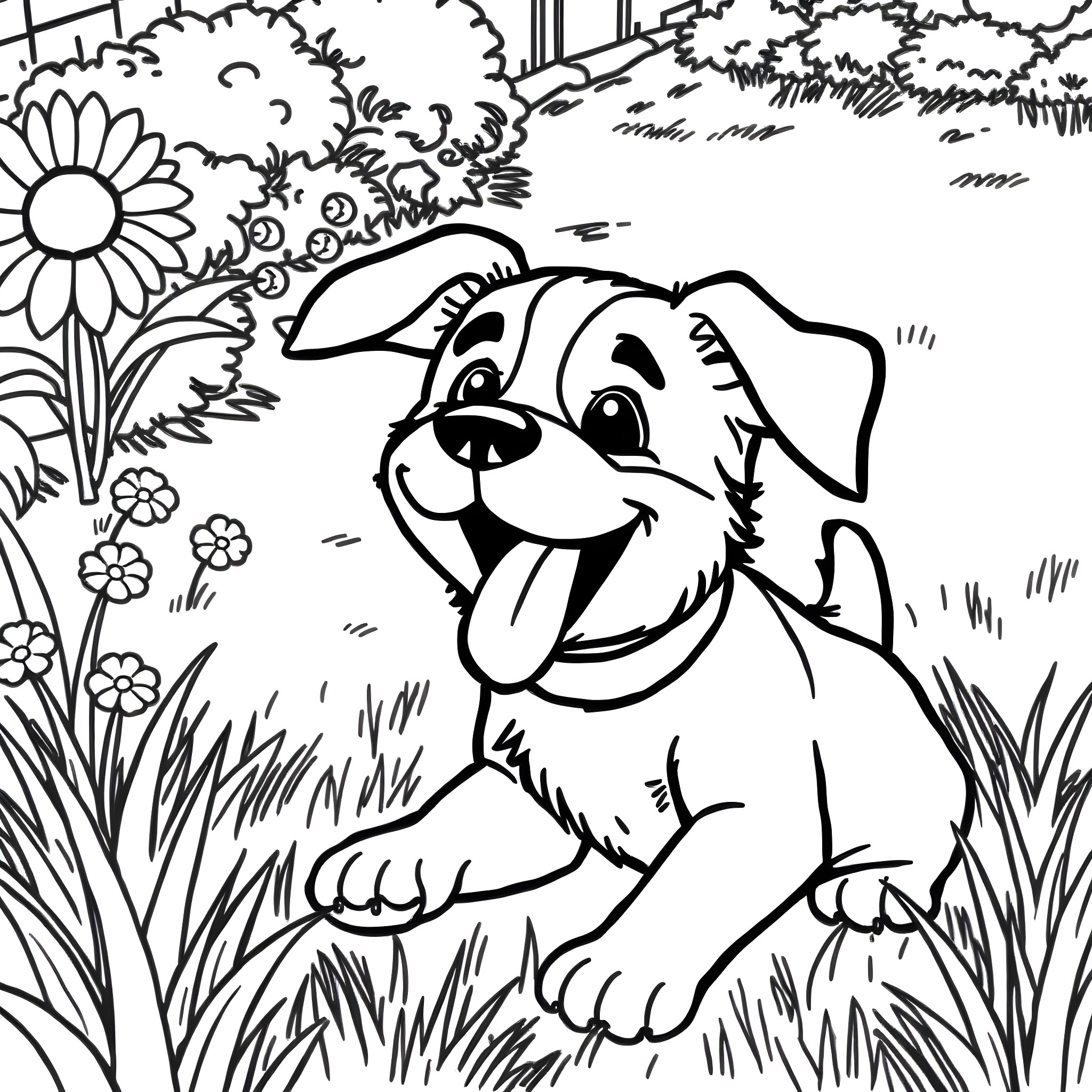 Dog happily playing in a floral garden Coloring Page (free black-and-white line drawing printable PDF for all, from beginners to advanced learners, including children, teens, adults, and seniors)