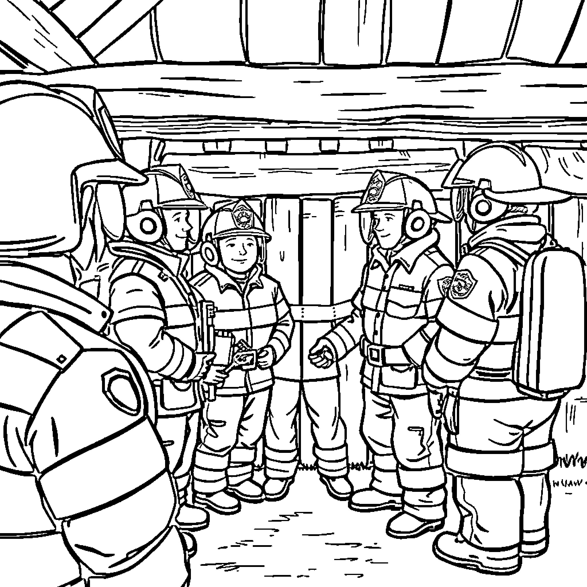 Fire Station Crew Preparing for an Emergency Call Coloring Page (free black-and-white line drawing printable PDF for all, from beginners to advanced learners, including children, teens, adults, and seniors)