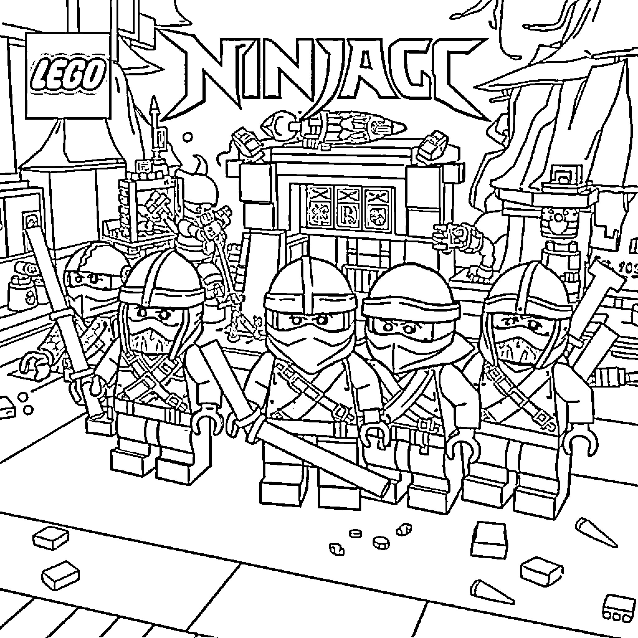 Ninjago Ninjas in Action and Adventure Coloring Page (free black-and-white line drawing printable PDF for all, from beginners to advanced learners, including children, teens, adults, and seniors)