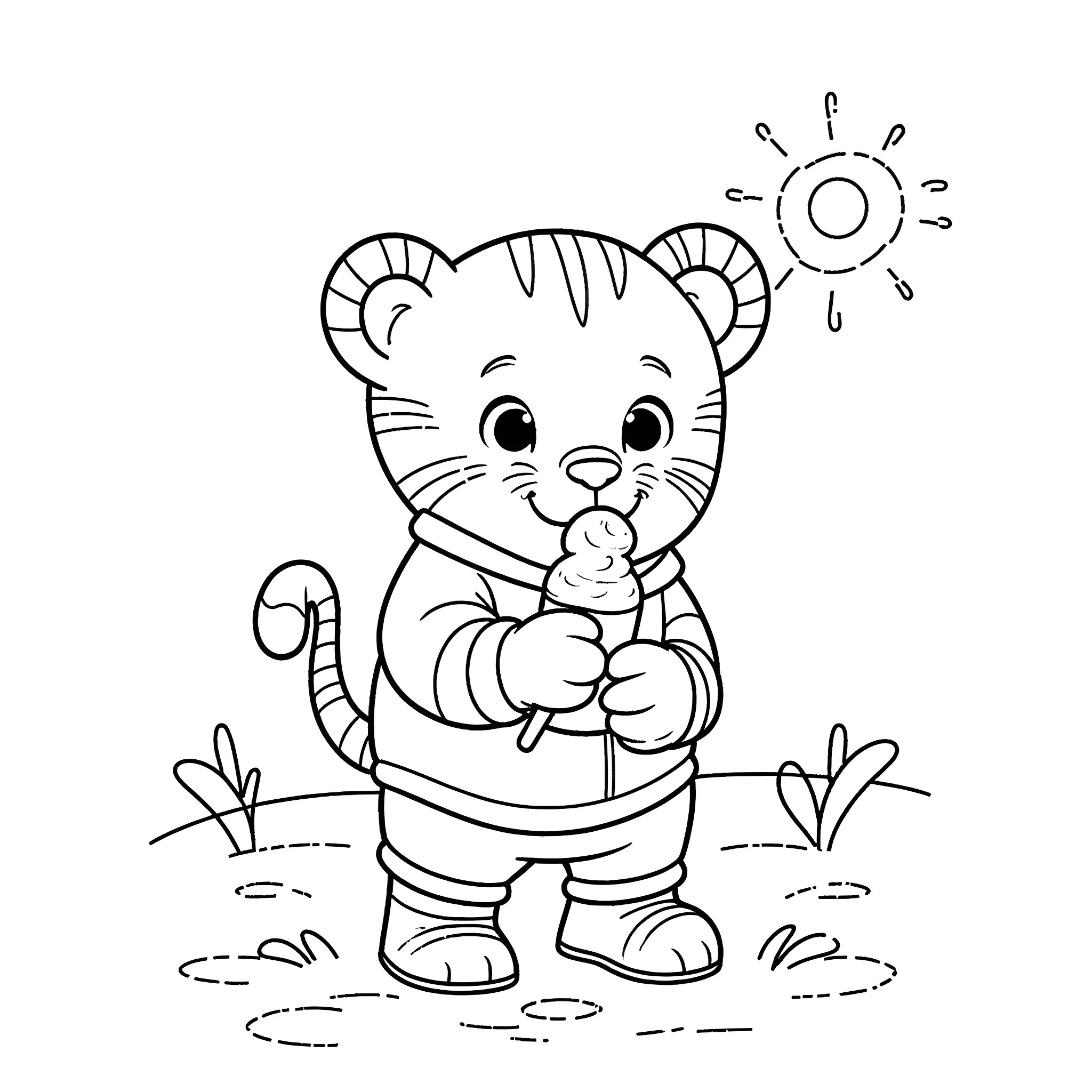 Daniel Tiger playing with a toy in the sun Coloring Page (free black-and-white line drawing printable PDF for all, from beginners to advanced learners, including children, teens, adults, and seniors)