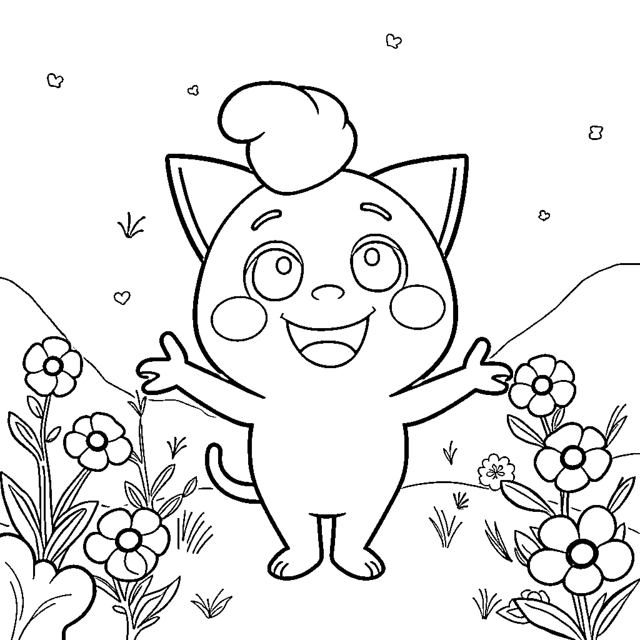 Pinkfong enjoying a cheerful day in the garden Coloring Page (free black-and-white line drawing printable PDF for all, from beginners to advanced learners, including children, teens, adults, and seniors)