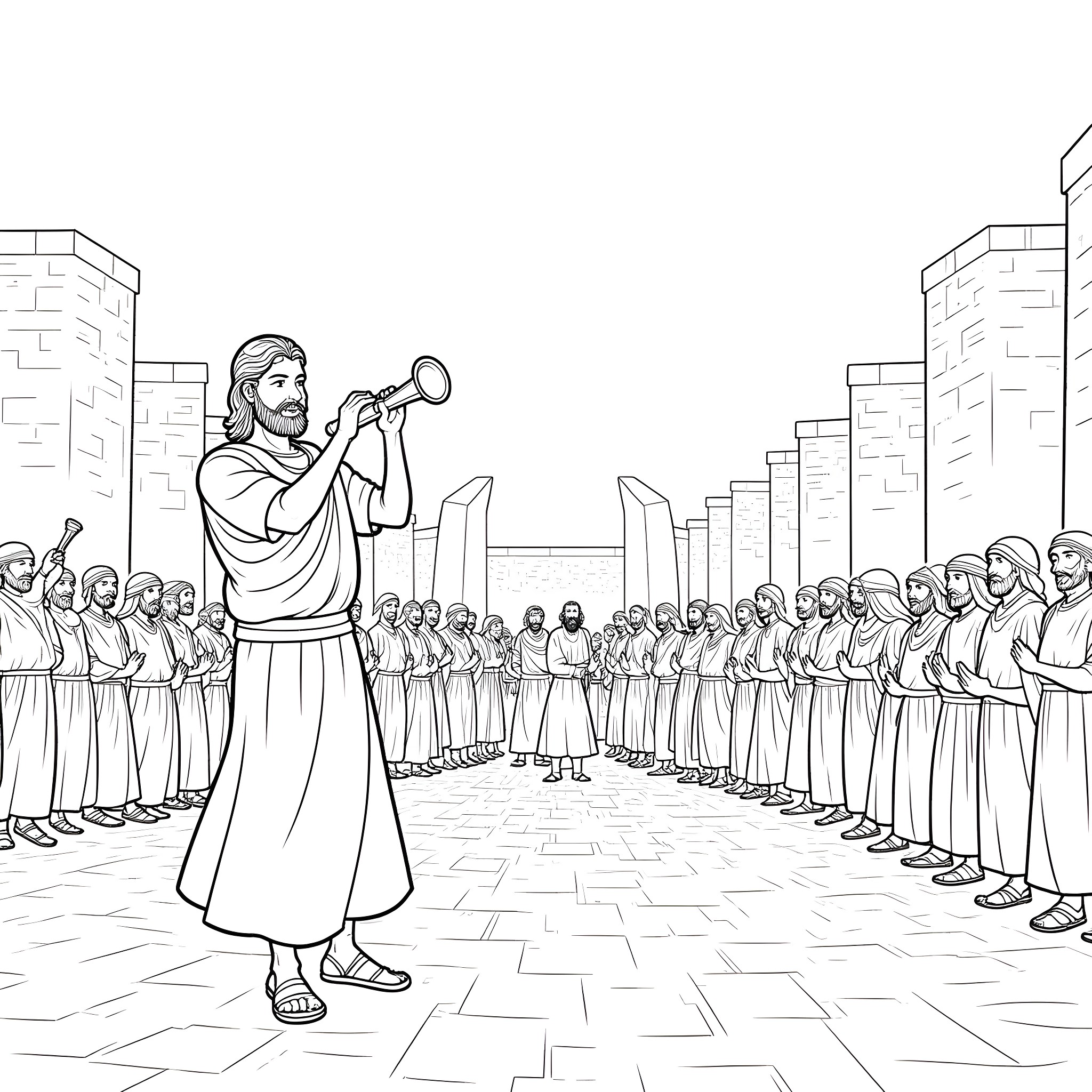 Joshua leading a crowd with a trumpet Coloring Page (free black-and-white line drawing printable PDF for all, from beginners to advanced learners, including children, teens, adults, and seniors)