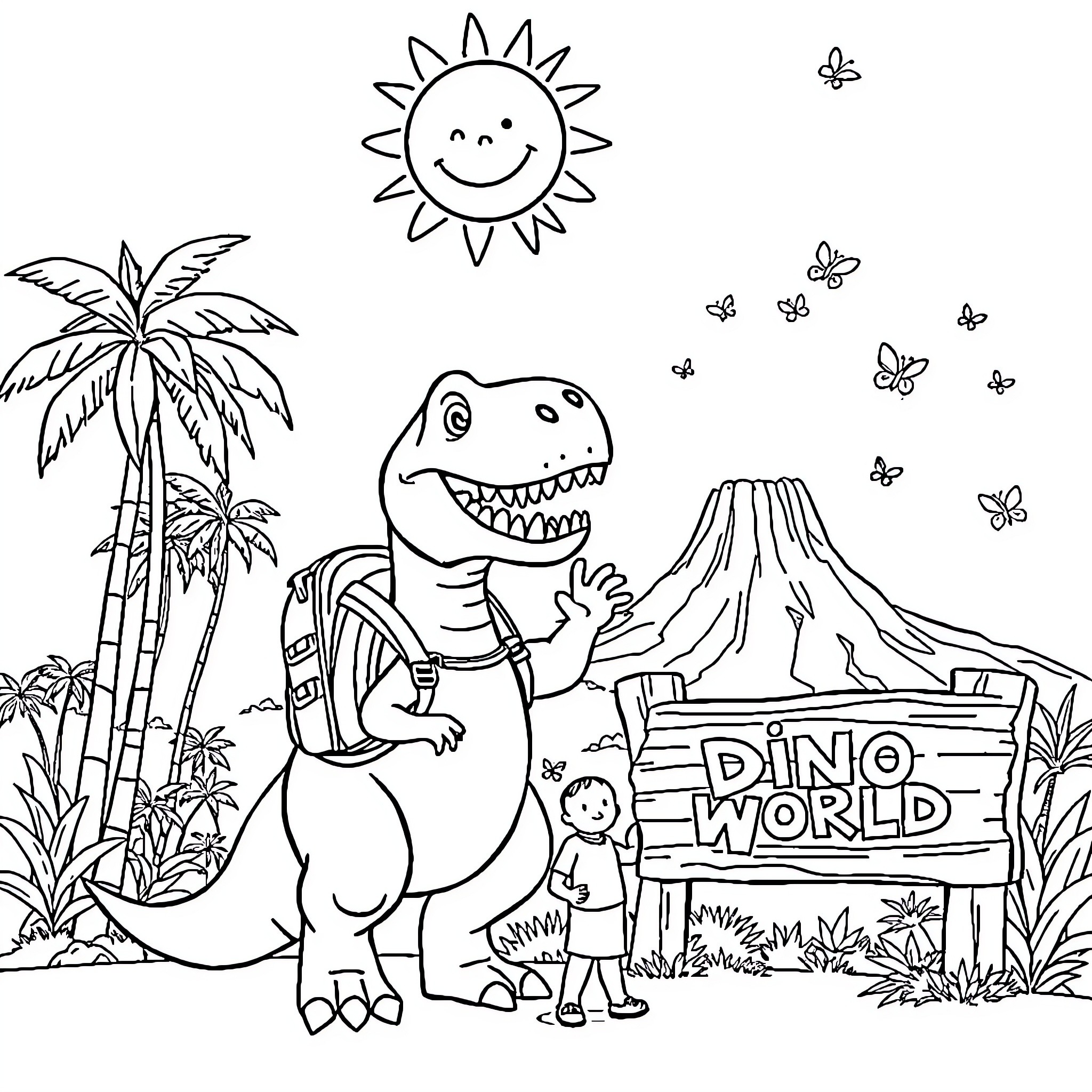 Dinosaur in Dino World with Volcano and Butterflies Coloring Page (free black-and-white line drawing printable PDF for all, from beginners to advanced learners, including children, teens, adults, and seniors)