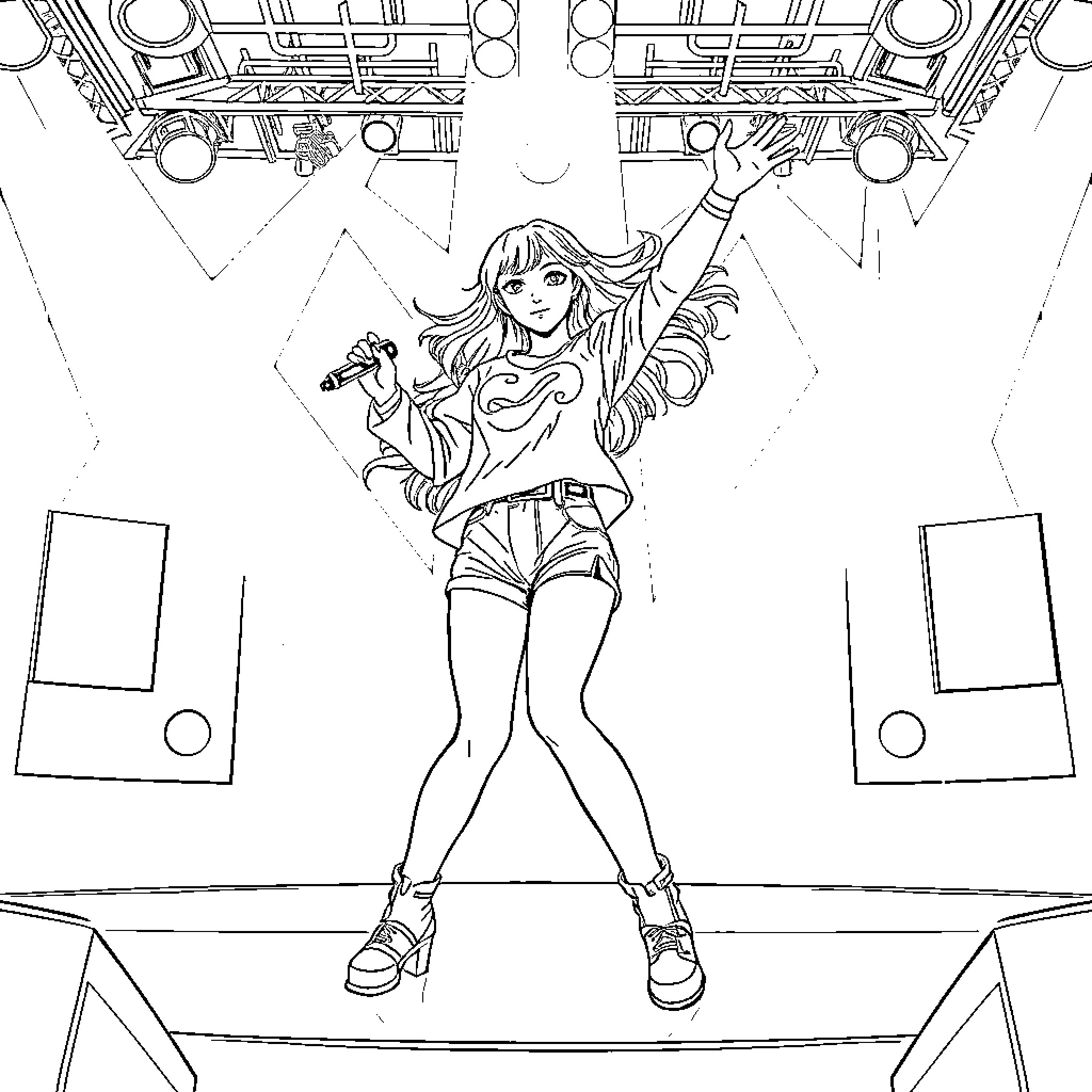Mira performing passionately on stage Coloring Page (free black-and-white line drawing printable PDF for all, from beginners to advanced learners, including children, teens, adults, and seniors)