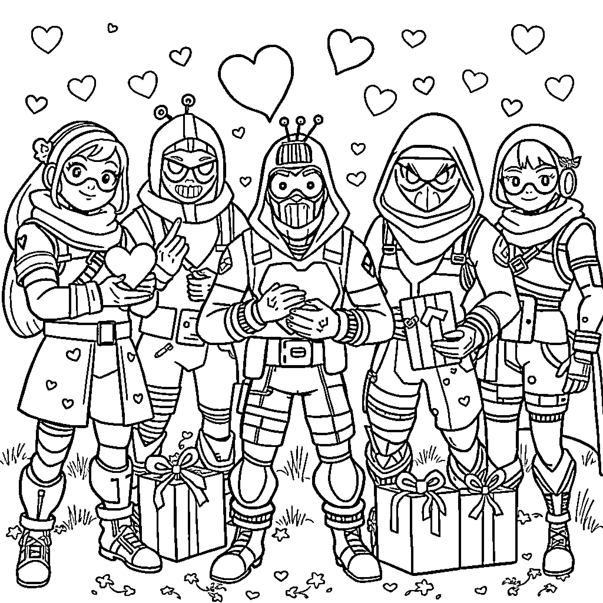 Fortnite group surrounded by hearts Coloring Page (free black-and-white line drawing printable PDF for all, from beginners to advanced learners, including children, teens, adults, and seniors)