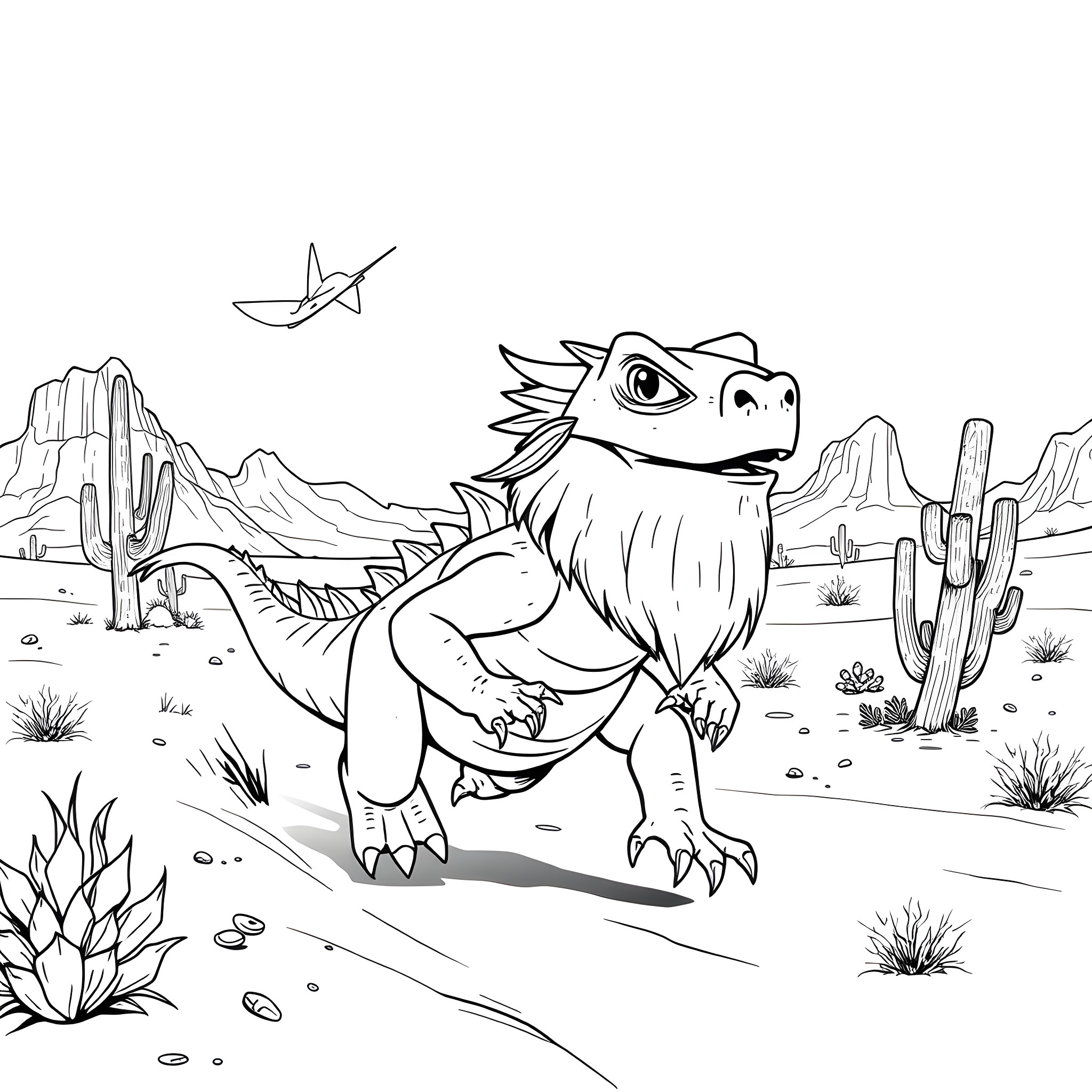 Bearded Dragon exploring the desert landscape Coloring Page (free black-and-white line drawing printable PDF for all, from beginners to advanced learners, including children, teens, adults, and seniors)
