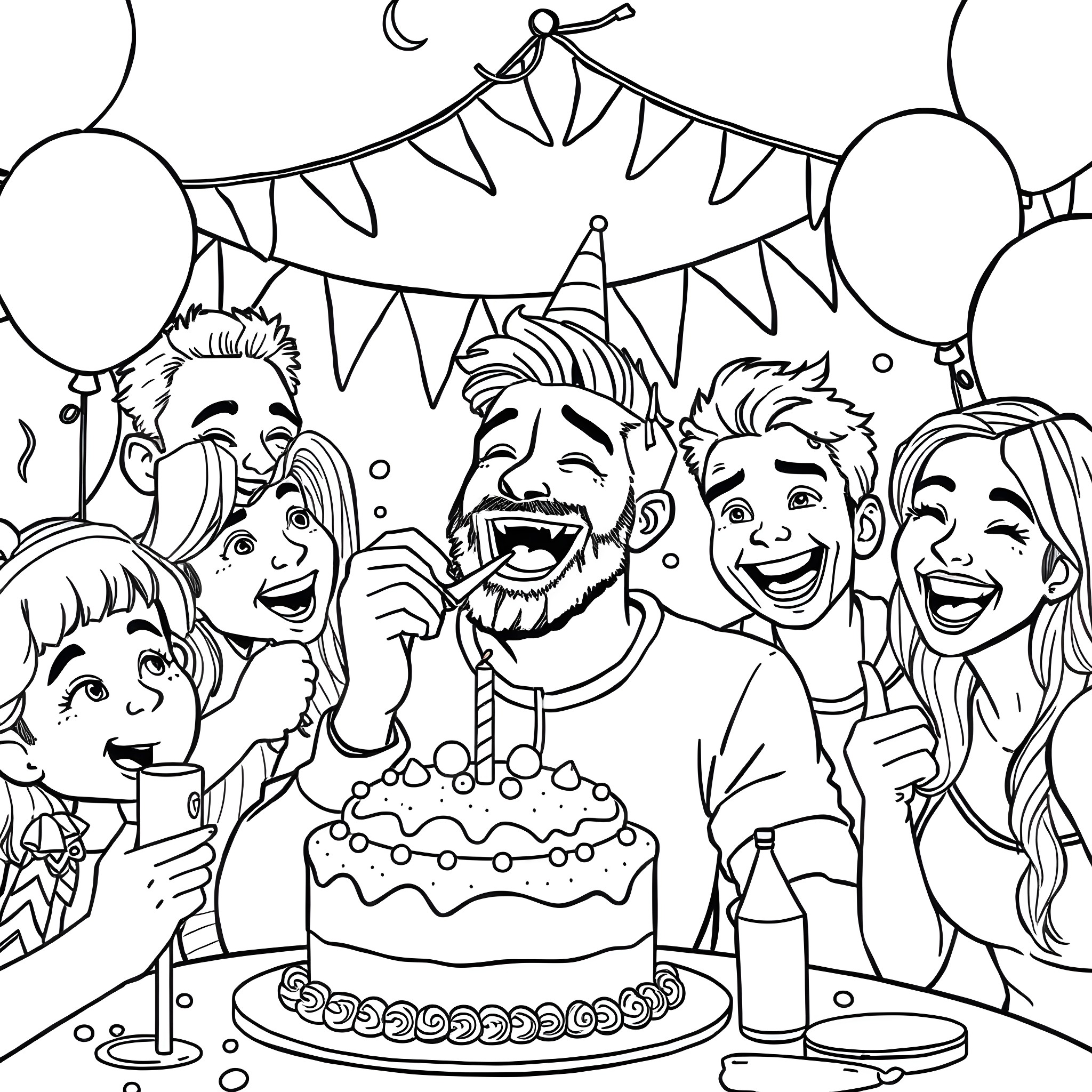 Seth Rollins Celebrates Birthday with Family and Friends Coloring Page (free black-and-white line drawing printable PDF for all, from beginners to advanced learners, including children, teens, adults, and seniors)