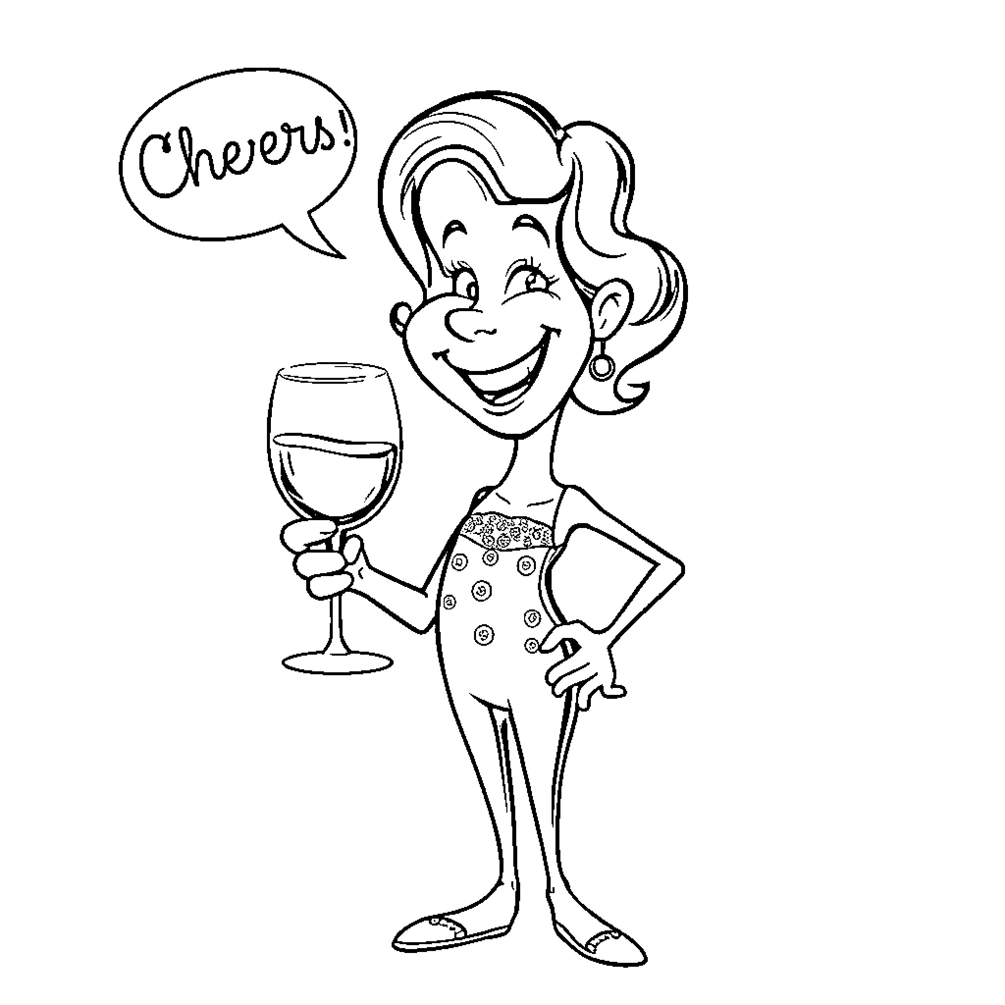 Denice Bourbon toasting with wine glass Coloring Page (free black-and-white line drawing printable PDF for all, from beginners to advanced learners, including children, teens, adults, and seniors)