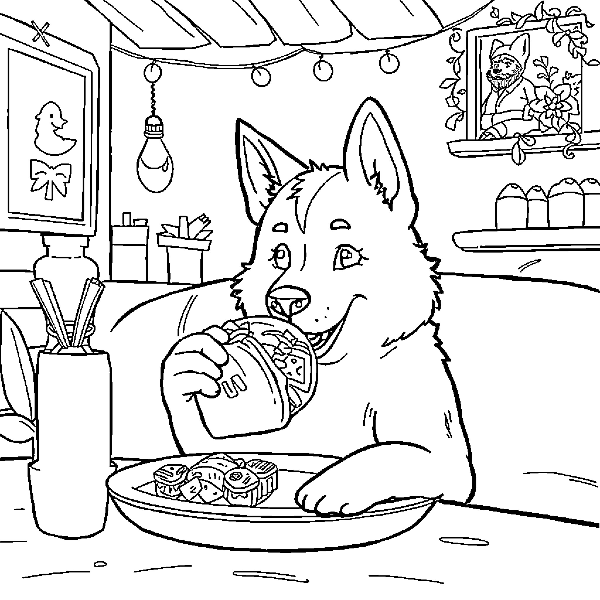 Lofi Dog Enjoys Tasty Treats in Cozy Home Coloring Page (free black-and-white line drawing printable PDF for all, from beginners to advanced learners, including children, teens, adults, and seniors)