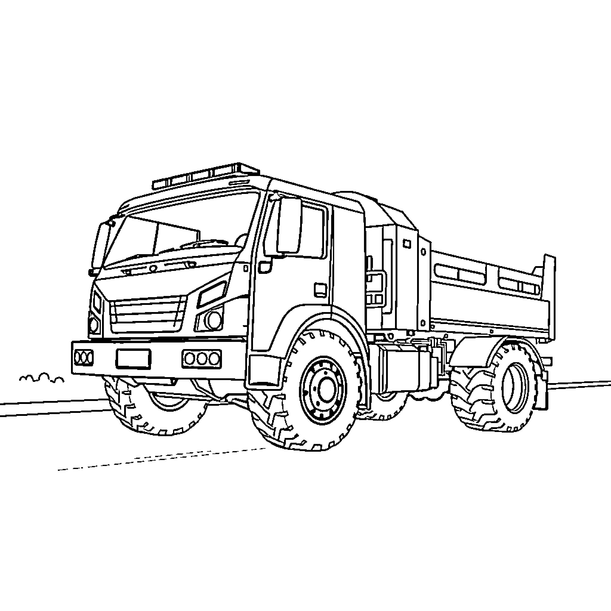 Construction Vehicle carrying heavy load on road Coloring Page (free black-and-white line drawing printable PDF for all, from beginners to advanced learners, including children, teens, adults, and seniors)